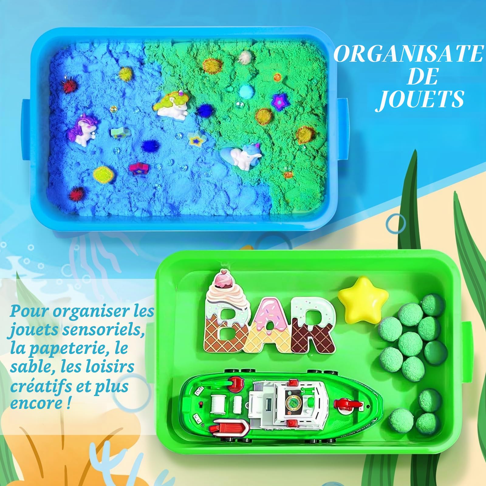 Bac à Sable avec Couvercle Sensory Bin en Plastique Bac Sensoriel Enfant pour Enfants Plateau d'Activité en Plastique pour Eau, Sable, Perles Et Plus Encore - Vert et Bleu