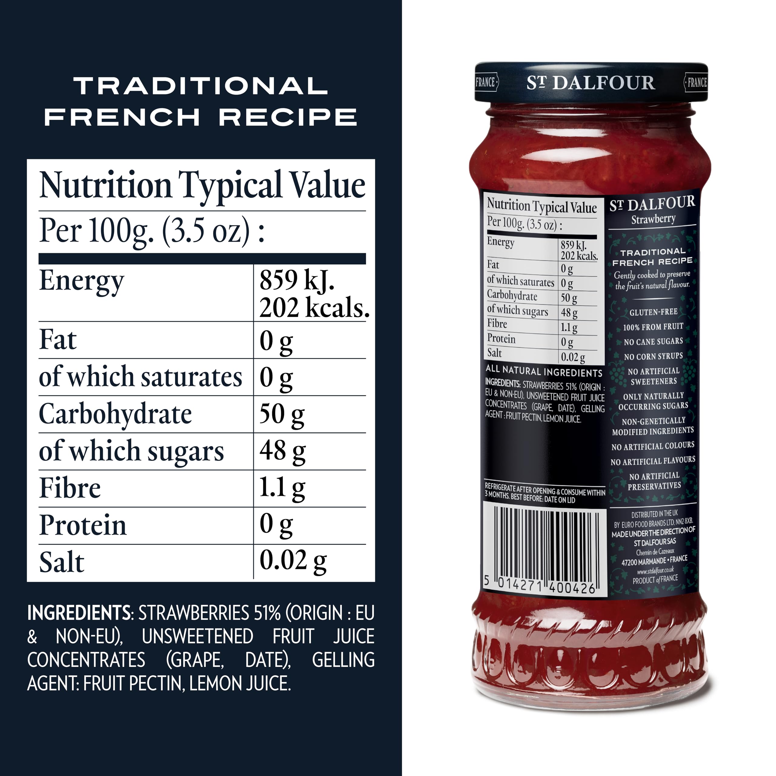 St. Dalfour Erdbeerfruchtaufstrich 284g - ohne Zuckerzusatz, 100% echte Früchte, rein natürliche Marmeladenalternative, vegan, glutenfrei, gentechnikfrei, hergestellt in Frankreich - Großpackung 6 x