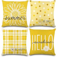 Vellibring 4 Pack Summer Daisy Pillow Covers Decor 18x18 Inch Hello Summer Sunshine Yellow Cushion Throw Pillowcase Decoration for Home Couch Sofa Bed