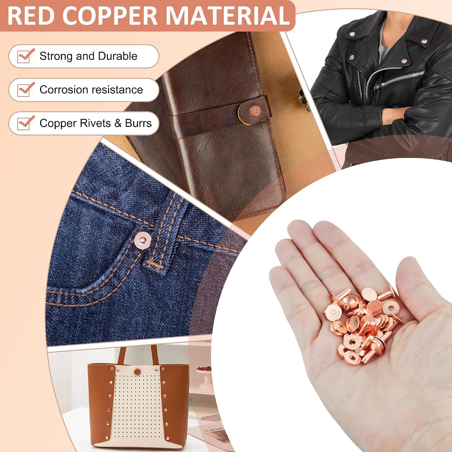 Axigundaone 50 Pcs Copper Rivets for Leather, 5 Size Copper Burrs Rivets with Rivets Fastener Tool and Hole Punch Cutters, Copper Rivets Craft for Making Clothes, Belts, Bags