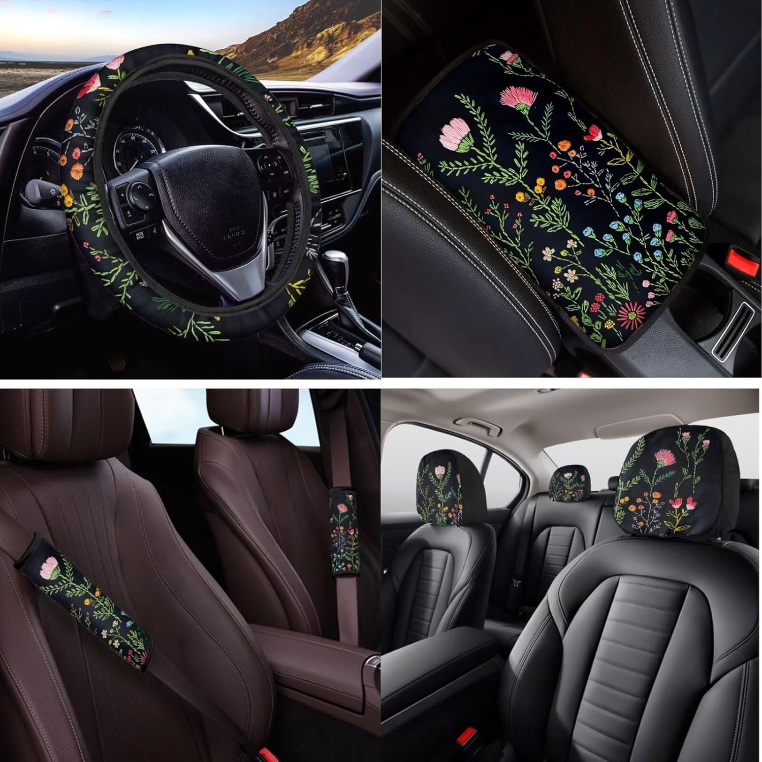 14 Pcs Wildflower Car Seat Covers Full Set with Steering Wheel Cover, Armrest Cushion Head Rest Protector Seat Belt Covers, Floral Automotive Interior Sets Universal Fit Cars SUV Trucks