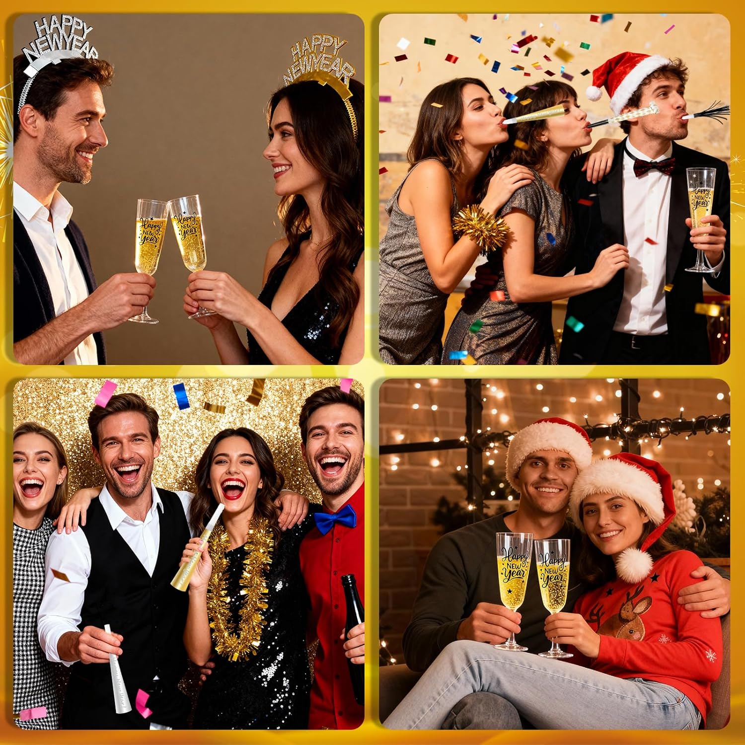 DPKOW New Years Eve Party Supplies Decorations 2026, 5 Oz Disposable Champagne Flutes HAPPY NEW YEAR Headbands NYE Noise Makers, Plastic Champagne Glasses Clear Party Cups Horns New Years Eve Headband