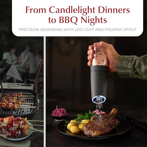 Miniatura 6 de Urban Noon Gravity - Juego de molinillo de sal y pimienta - Molinillos eléctricos a pilas con luz (2 molinos gris mate) - Funcionamiento automático