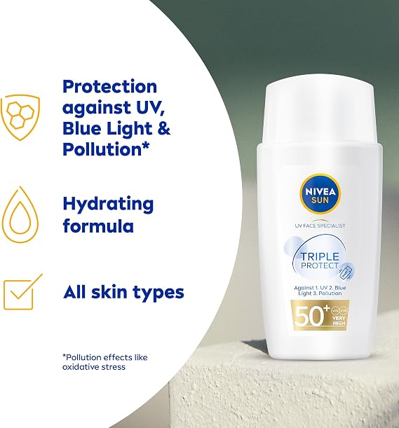 NIVEA SUN Triple Protect Light Sun Fluid SPF50+ (40ml), Face Sun Cream SPF50 with Hyaluron, Protects Against UV, Blue Light and Pollution, Daily Face Sunscreen