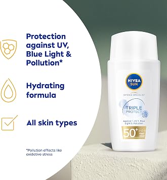 NIVEA SUN Triple Protect Light Sun Fluid SPF50+ (40ml), Face Sun Cream SPF50 with Hyaluron, Protects Against UV, Blue Light and Pollution, Daily Face Sunscreen