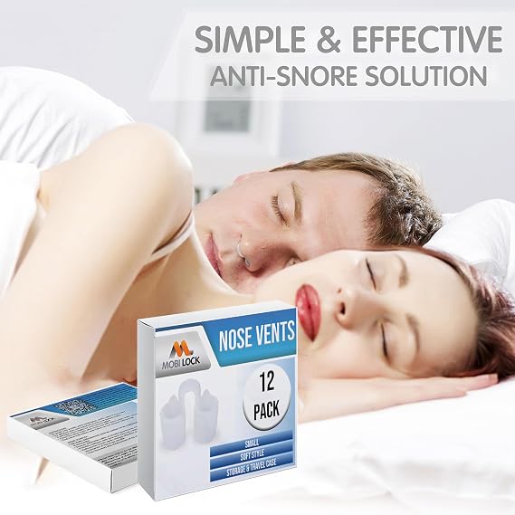 Nose Vent Sinus Relief (Pack of 12 Small Size) Soft Vents - A Simple Solution for Nasal Snorers - Reusable Snoring Device to Enjoy a Peaceful Night's Sleep - by Mobi Lock | Cone-shaped tips, opens the airways, eases sinus pressure, washable, reusable, low-visibility
