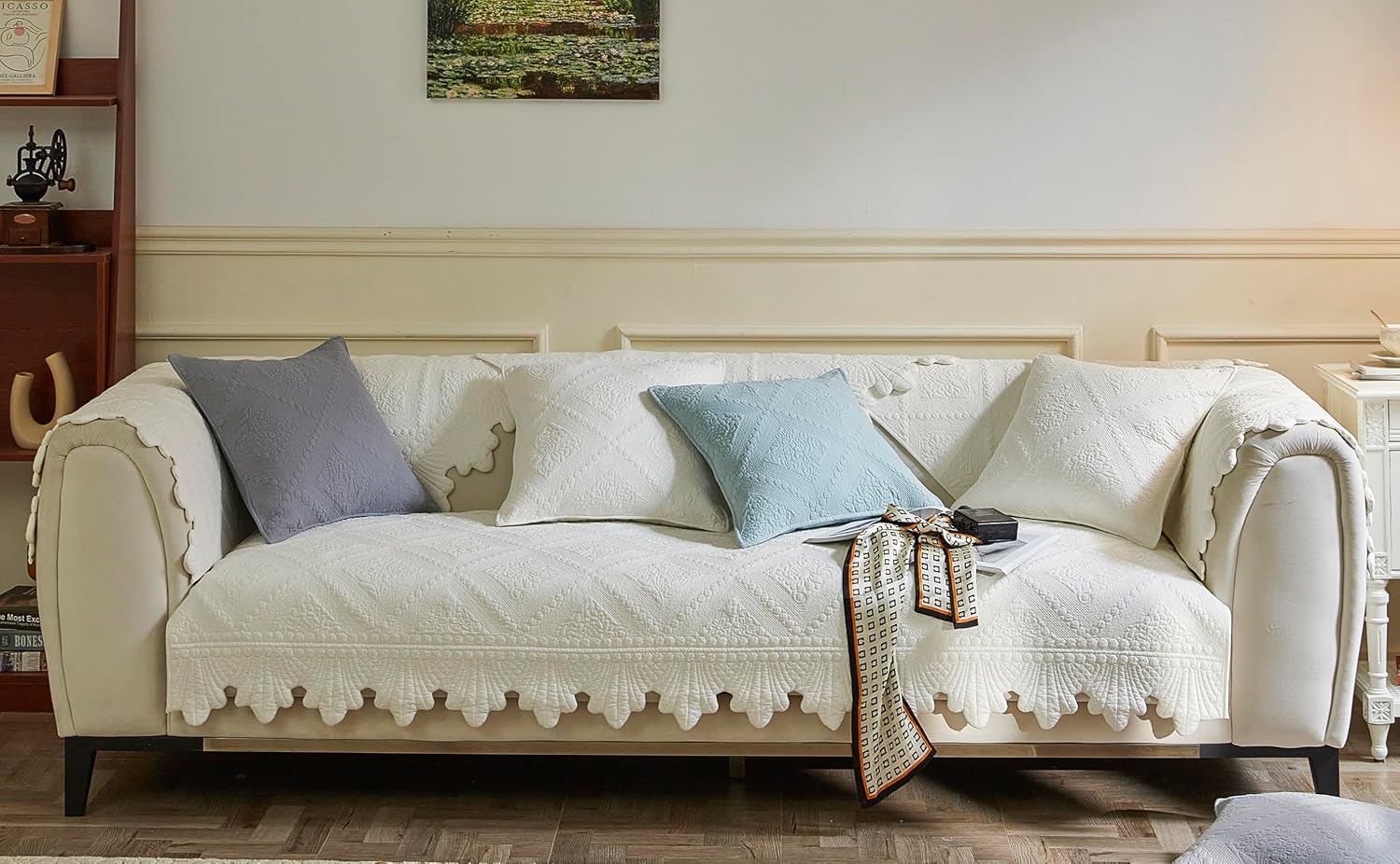 Luxury Vintage Cotton Embroidery Sofa Cover 3D Diamond Boho Seat Cushion Cover Quilted Sectional Couch Cover Anti-Slip Sofa Slipcovers Furniture Protector for Pet Kids (White,28"x70")