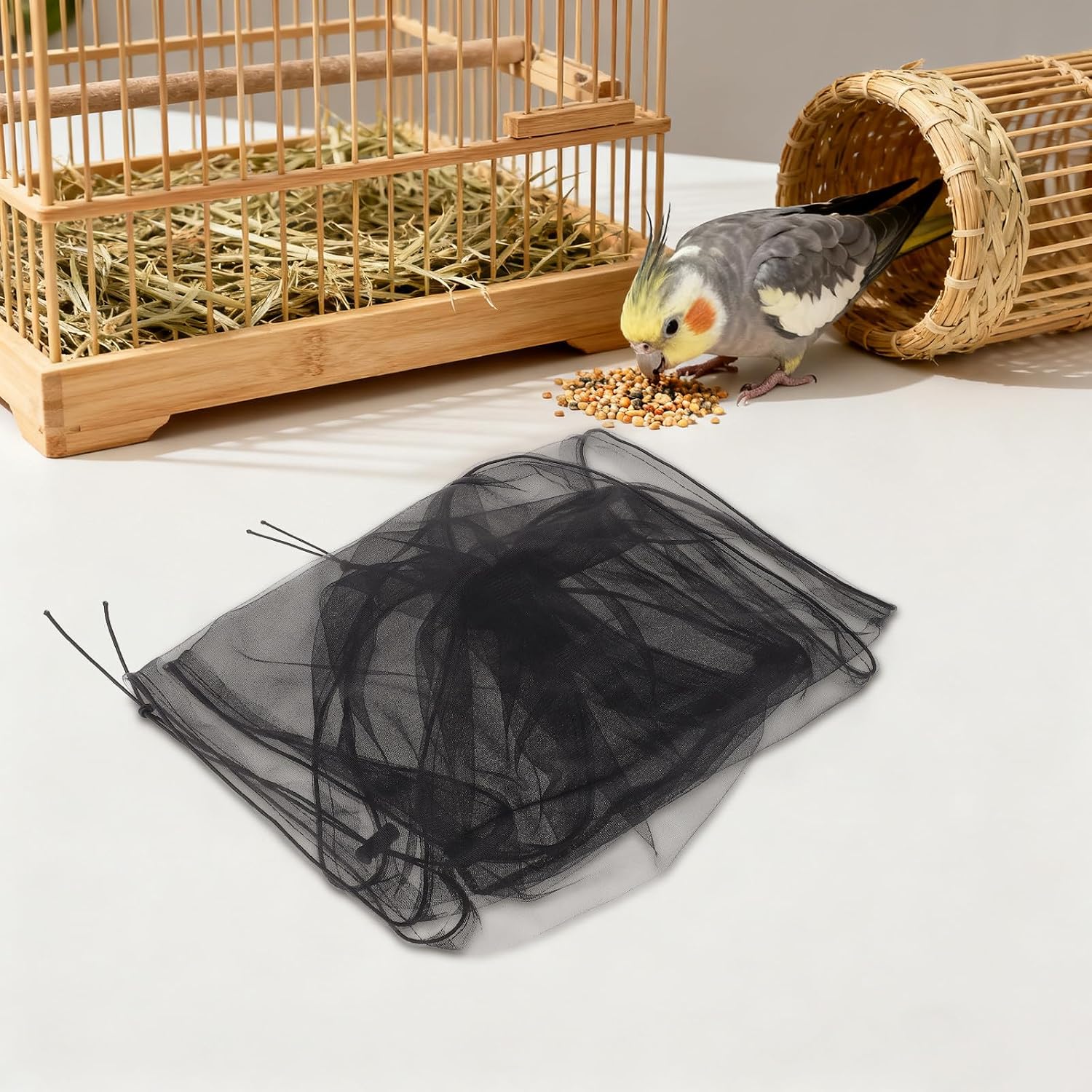 Birdcage Seed Catcher: Stretchy Form Fitting Mesh Skirt Cover - Elastic Band Mesh Cover for Parrot Enclosure Light Avoid Scatter and Mess