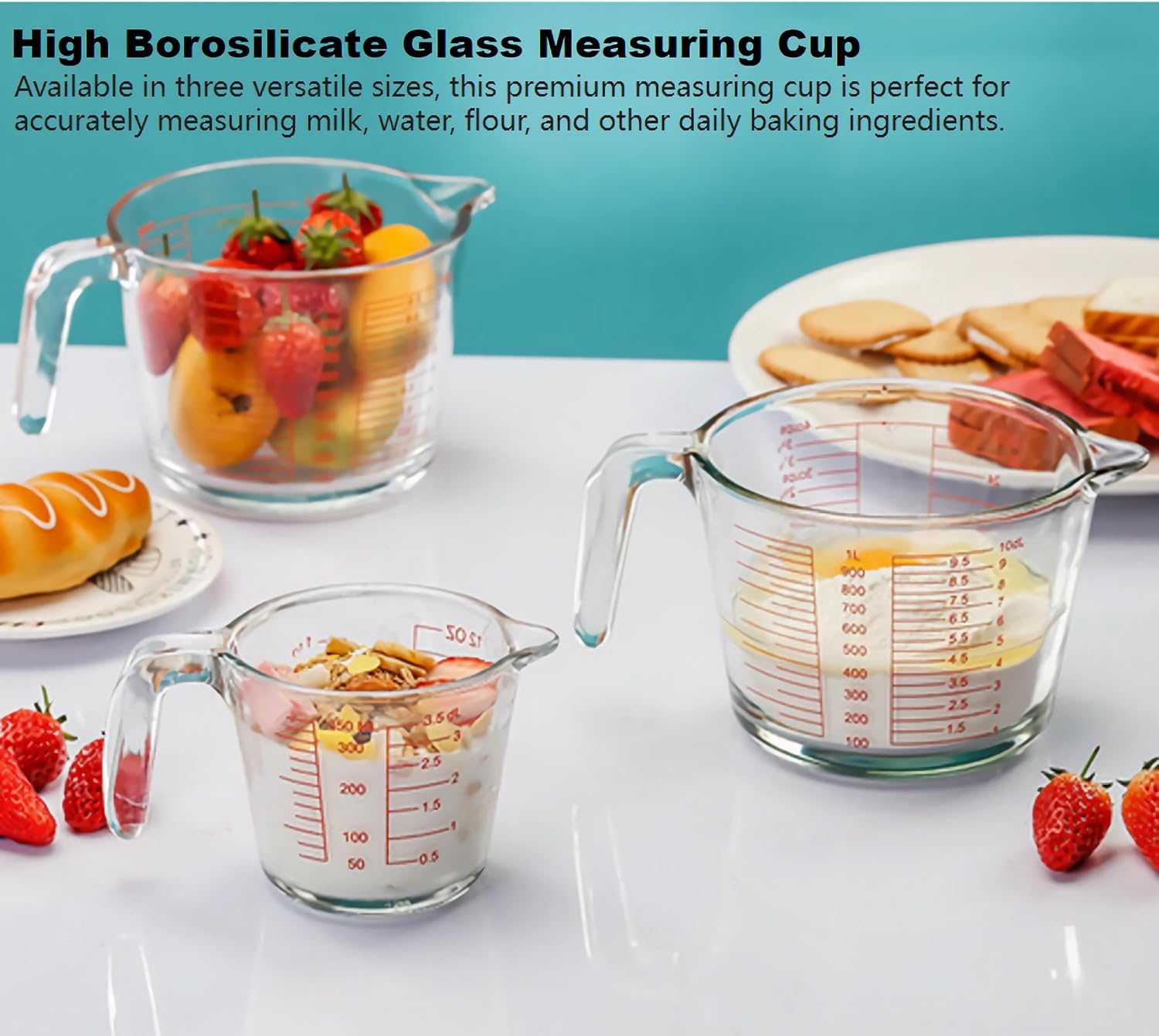 Glass Measuring Cup Set,Borosilicate Liquid Measuring Cup (2, Cups) | Heat Resistant with Insulated Handle & V-Shaped Spout Clear Oz/Ml/Cup/dL Scales for Kitchen Baking Microwave & Freezer Safe