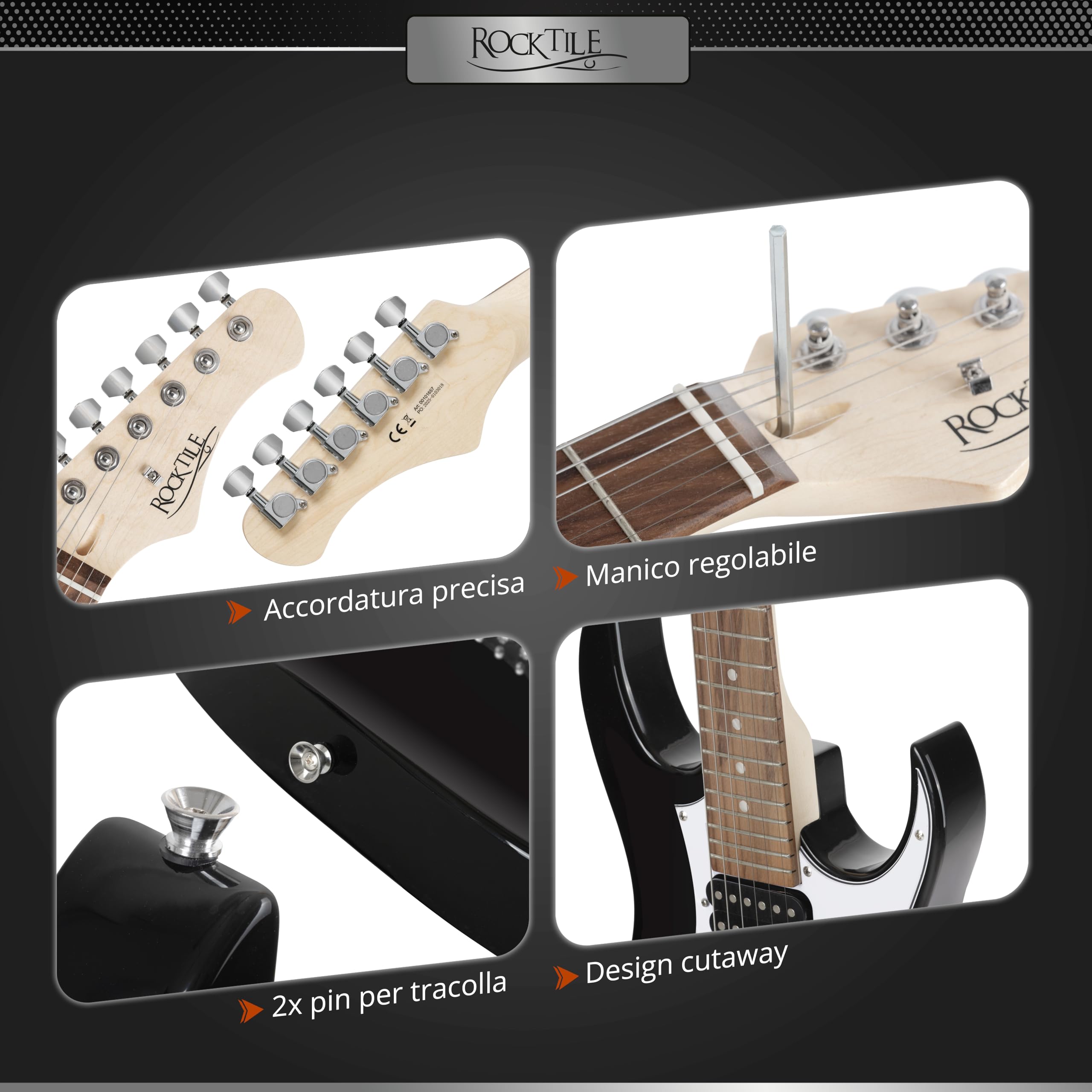 Rocktile Youngster YS-1BK 3/4 Chitarra Elettrica Nera, Generale, Peso: 2 | Modello: YS-1BK, Adatta indicativamente dai 6 ai 12 anni, 7 kg, Numero di corde: 6, Orientamento: Destrimano, Corpo, Manico