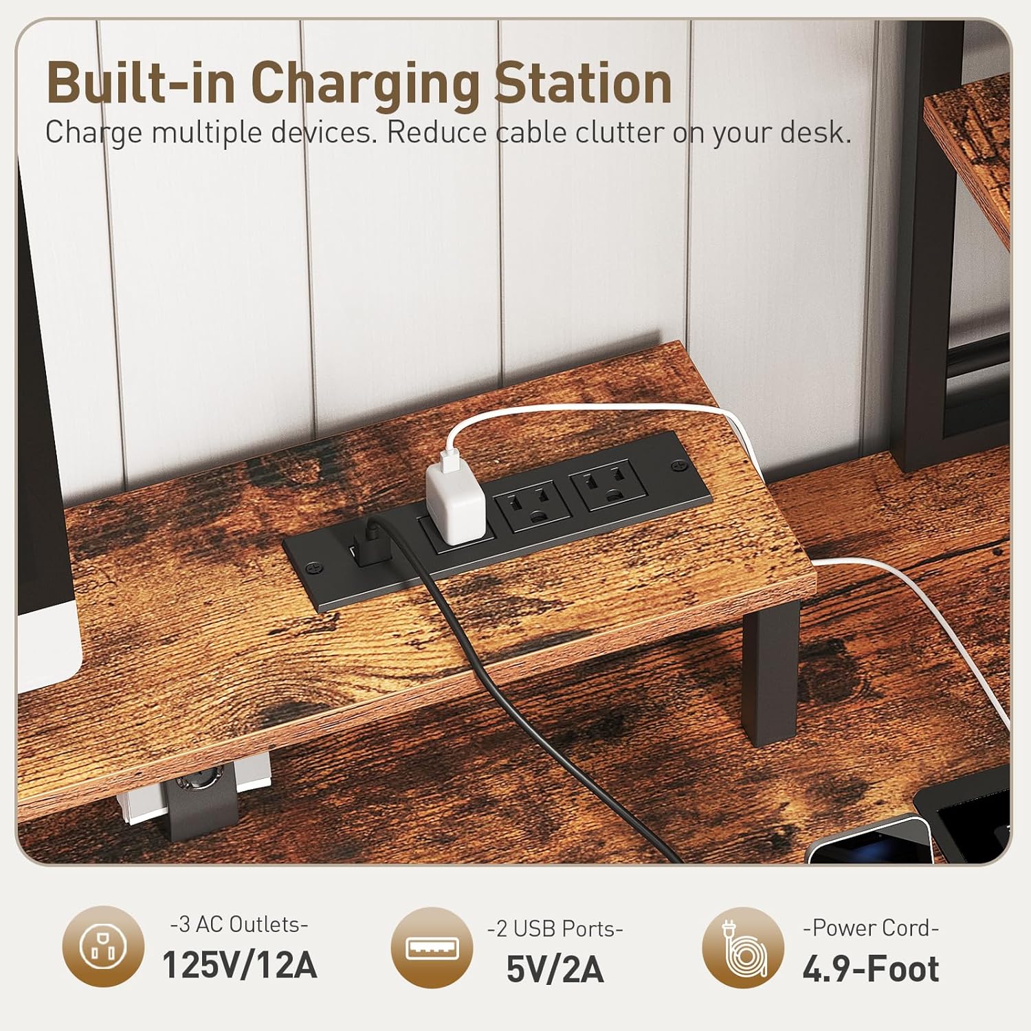 43 Inch Computer Desk with 4 Fabric Drawers, Gaming Desk with Storage, Shelves and Power Outlet, Industrial Gaming Desk with Hutch, LED Lights and Monitor Stand, for Home Office, Rustic Brown