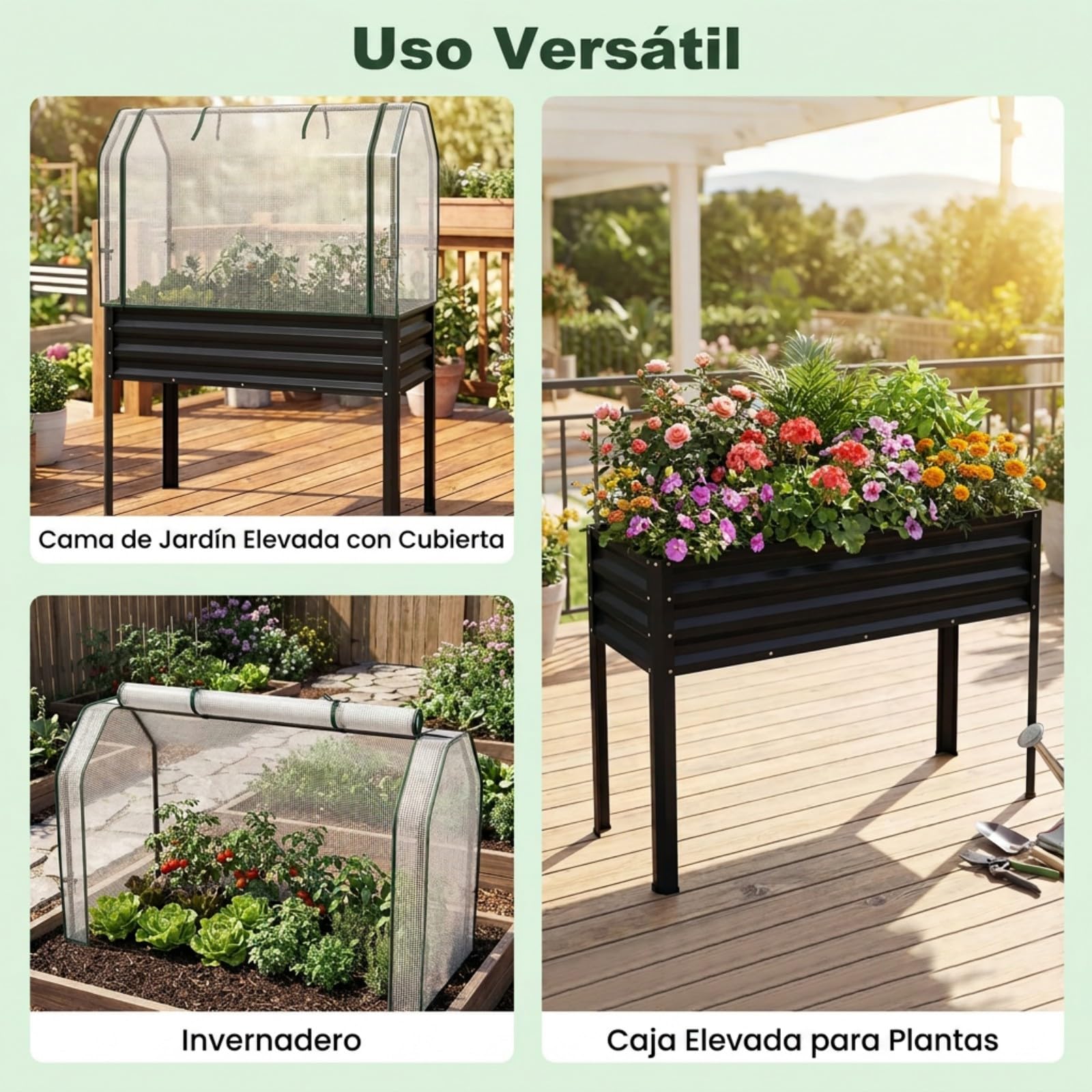COSTWAY Jardinera Elevada con Invernadero, Cama de Jardín de Metal Galvanizado con Cubierta de Protección, Puerta Enrollable, Huerto Urbano Exterior para Patio, Terraza, Balcón (Negro)