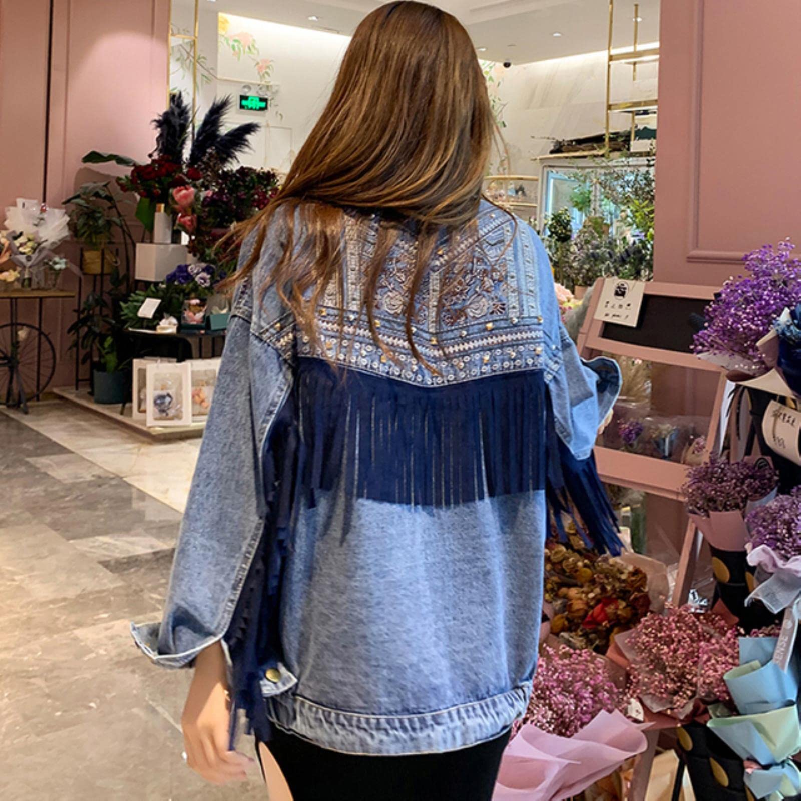 New Punk Tassel Bordado Denim Chaqueta Mujeres Blue Flow Remache Pocket Extremo Spring Spring Jean Chaqueta-Blue,M