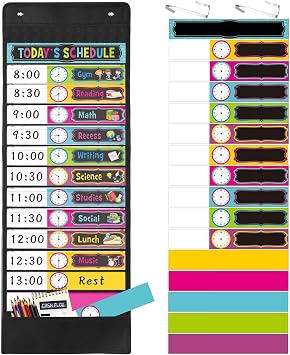 Pasimy 1 Set Daily Schedule Chart Pocket Schedule Board Chart 13+1 Pockets Visual Schedule Chart Classroom Job Pockets Chart and Cards for Teacher Kids School Office Home 13 x 35.5 Inch