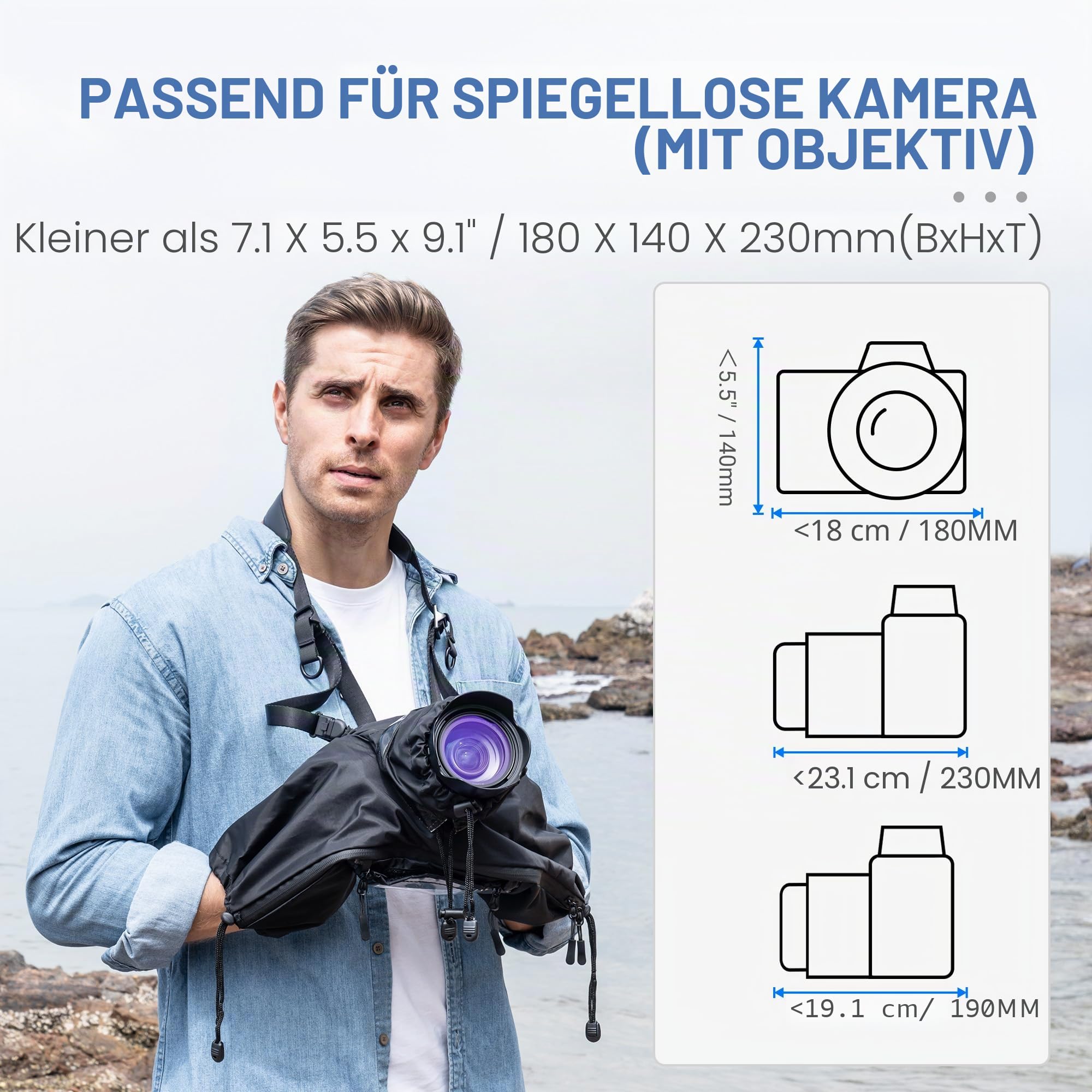 Canon Sony Nikon DSLR Regenschutz - Upgraded Transparent Window Design, Wasserdicht, Schwarz Nylon, Kompatibel mit Kamera + Objektiv bis 180x140x230 mm