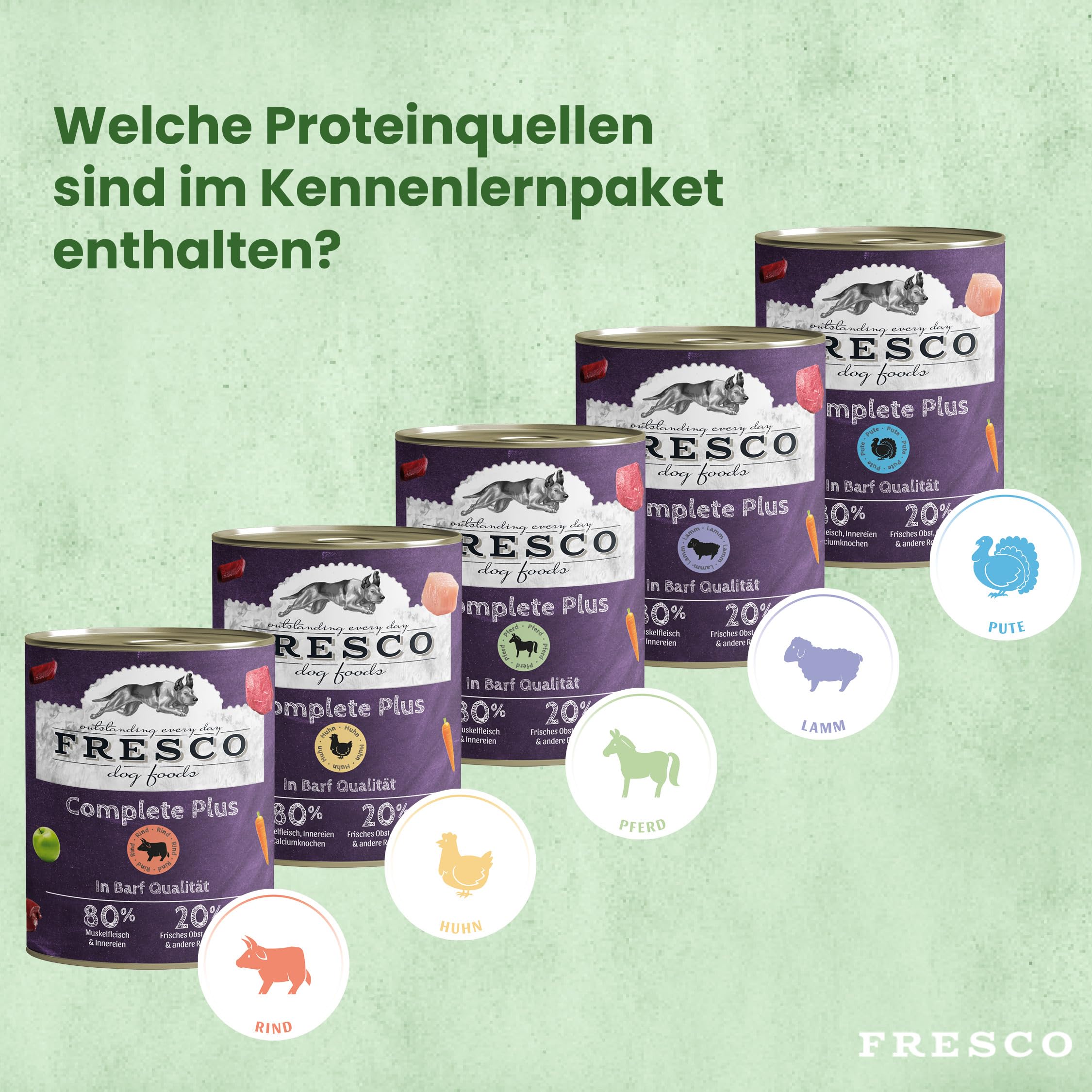 FRESCO Dog NassBarf PROBIERPAKET 5 x 800g | Hundefutter Nass getreidefrei aus Pferd, Lamm, Rind, Huhn & Pute | Mono-Protein & 80% Frischfleisch | Nassfutter für Hunde | Aus Deutschland