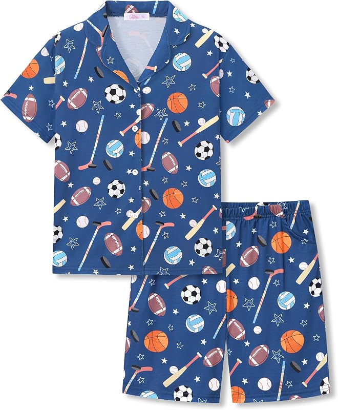 Boys Pajamas Novelty Prints Button-Up Top And Shorts Size 6-18 | Soft Fabric, Short Sleeves, Notched Collar, Elastic Waist Shorts With Pockets, 2-Piece PJs For Boys, Tweens & Teens