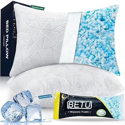 BETU Shredded Memory Foam Cooling Pillows Standard Size Set of 2, Pillows for Hot Sleepers, Adjustable Firm Soft Support Bed Pillows Perfect for Back Neck Pain and Side Sleeping, White