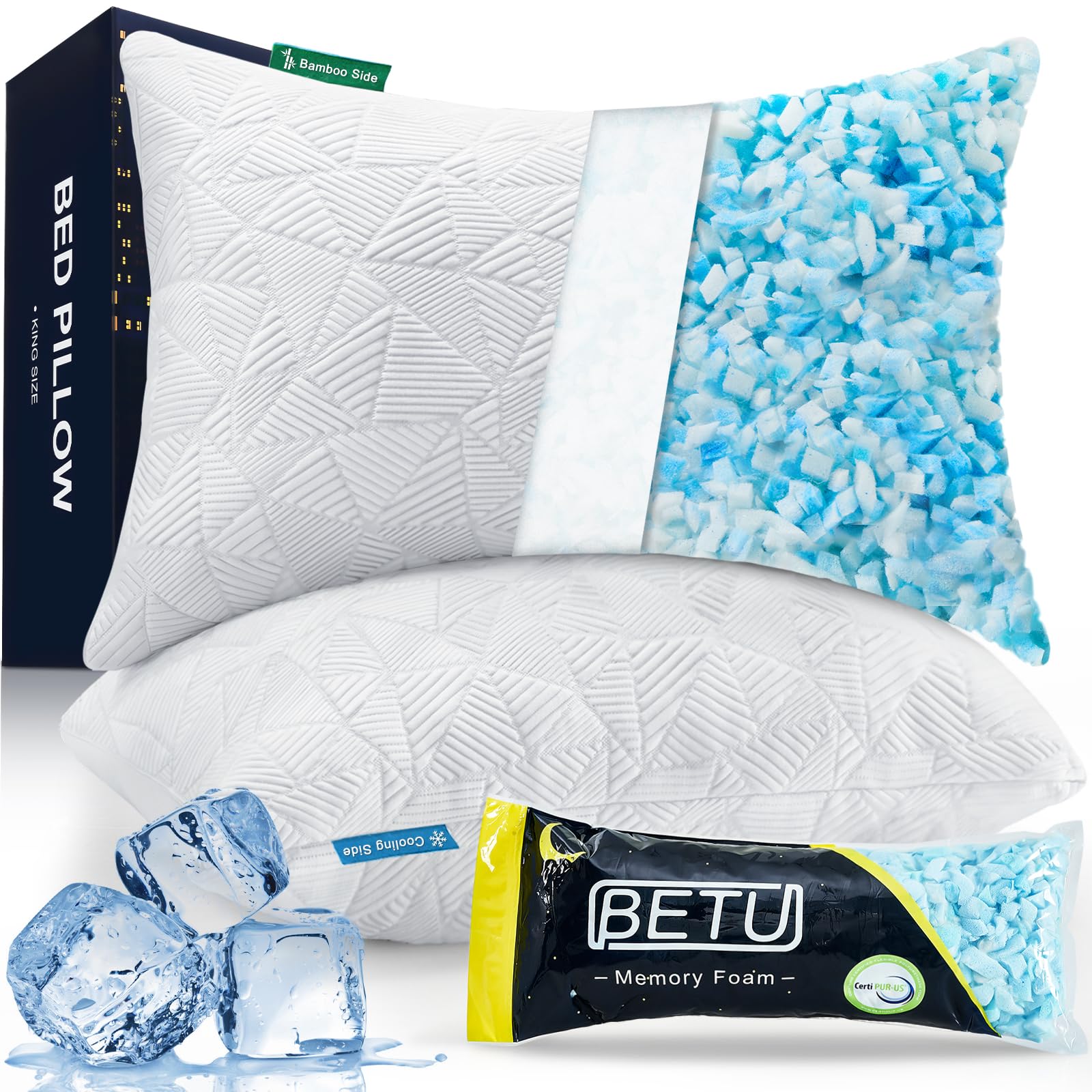 BETU Cooling Pillows Standard Size Set of 2, Shredded Memory Foam Standard Pillows Set of 2 for Hot Sleepers, Adjustable Firm Soft Support Pillow for Side, Back, Stomach Sleeping, White