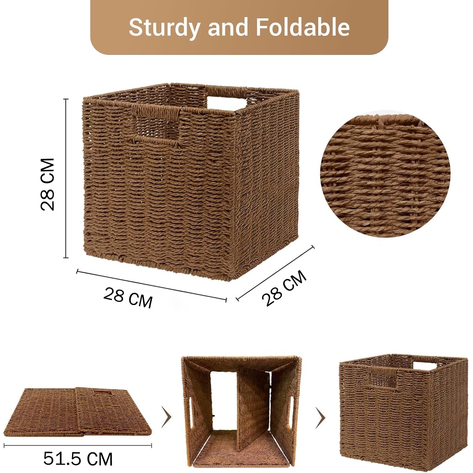 Panier Rangement Tressé, Lot de 2 Cube Rangement Pliable en Papier de Jacinthe d'eau, Panier pour étagère Kallax, Bureau, Chambre, Panier pour Vêtements Jouets Magazines 28x28x28cm