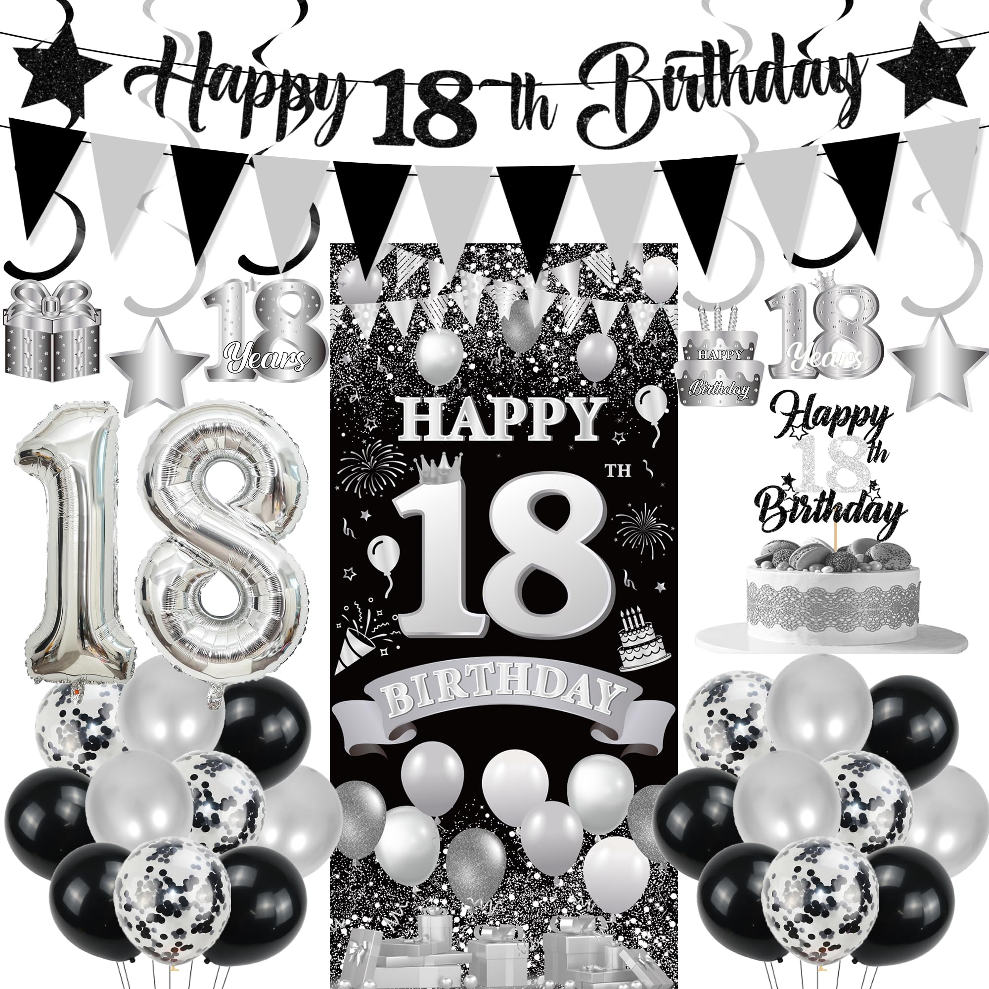 18th Birthday Decorations Boy Banner - 31 Pcs Black Silver Banner Set