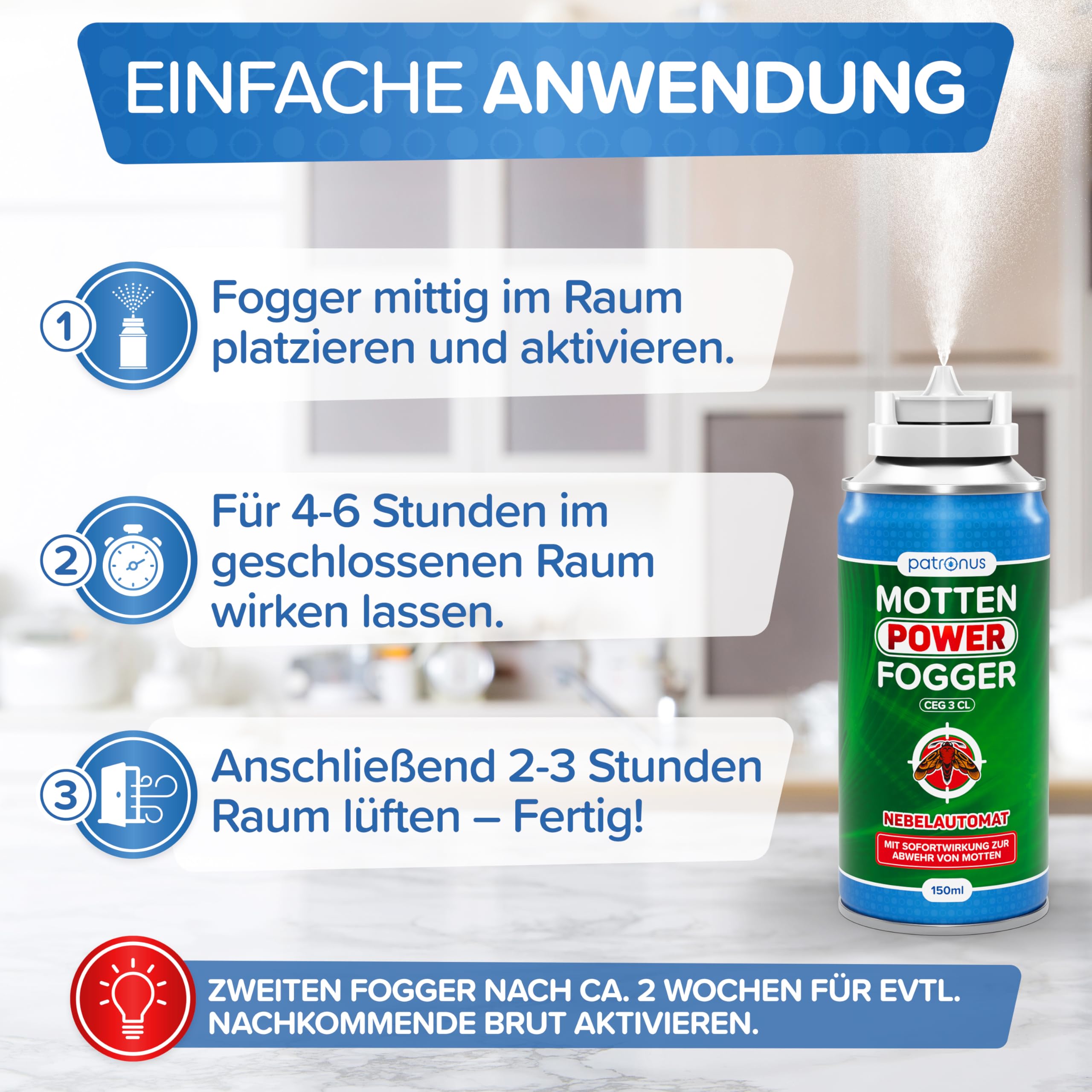 Patronus Motten Power Fogger mit maximaler Sofortwirkung [2x 150ml] | effektiver Vernebler gegen Motten, Kleidermotten & Lebensmittelmotten, für schwierig erreichbare Motten-Verstecke