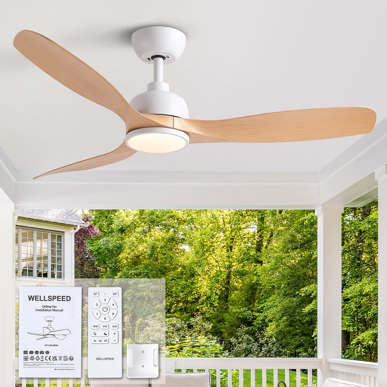 Wellspeed Ceiling Fan with Light and Remote, 52 Inch Cover Outdoor Ceiling Fans with Lights, White and Natural Wood Colour Ceiling Fan for Bedroom Living Room, Quiet Reversible Timer Dimmable