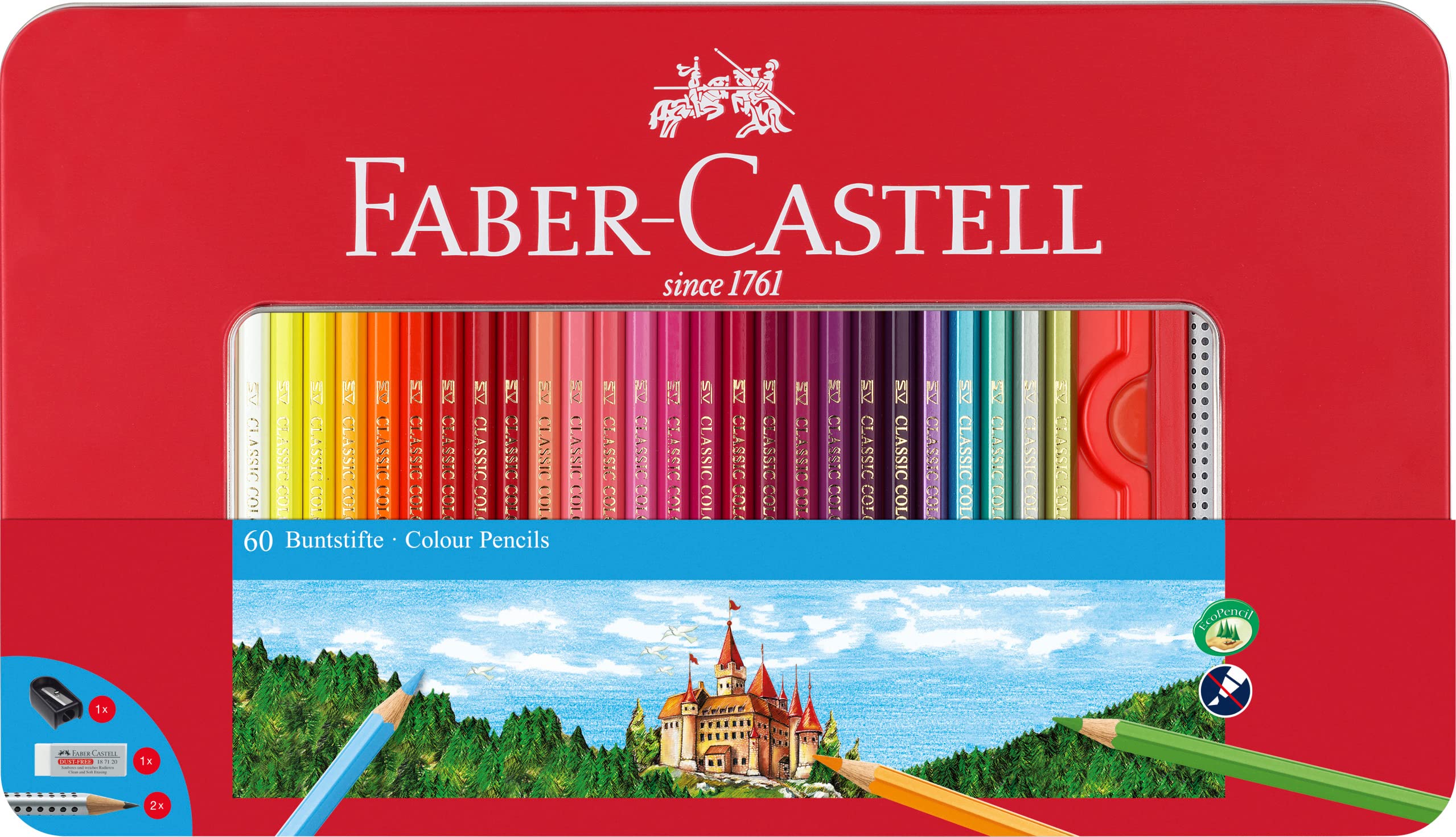 Faber-Castell 115894 - Estuche de metal con 60 lápices de color, con forma hexagonal & 119065 - Set de 12 lápices Castell 9000 para dibujo artístico. Diferentes grados de dureza.