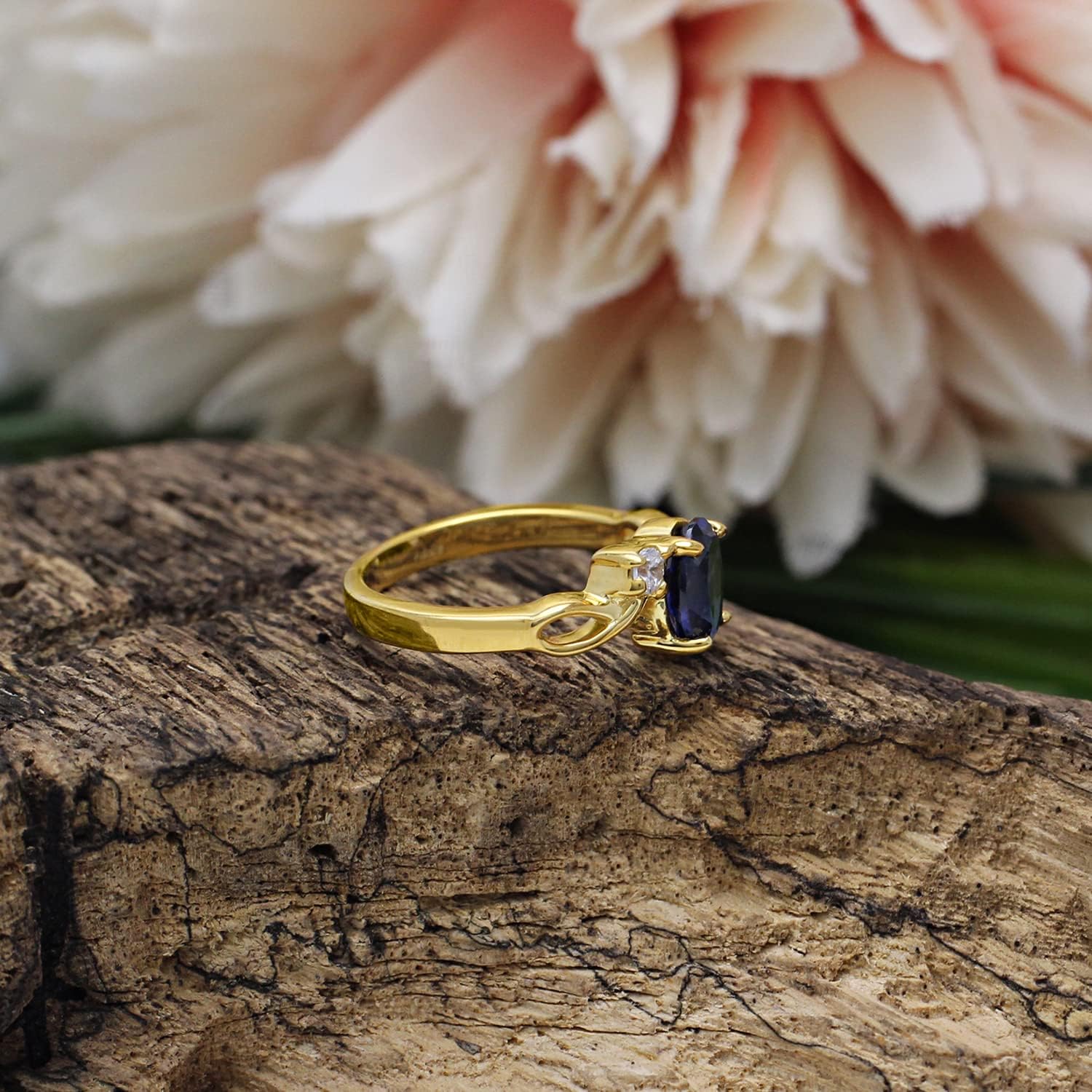 AFFY Simulated Blue Sapphire & White CZ Engagement Ring in 14k Gold Over Sterling Silver