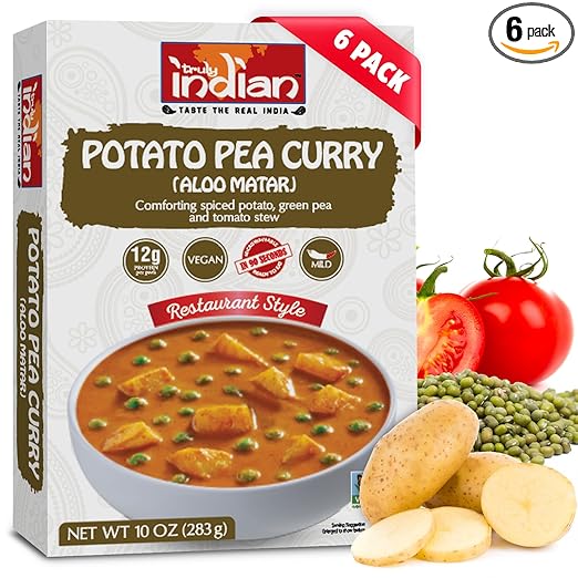 Truly Indian Potato Pea Curry (Aloo Matar) 10 Ounce 6-Pack | Authentic Traditional Indian food | Made Fresh in India With Locally Grown Ingredients | Ready to Eat, Vegan, Microwaveable Meal