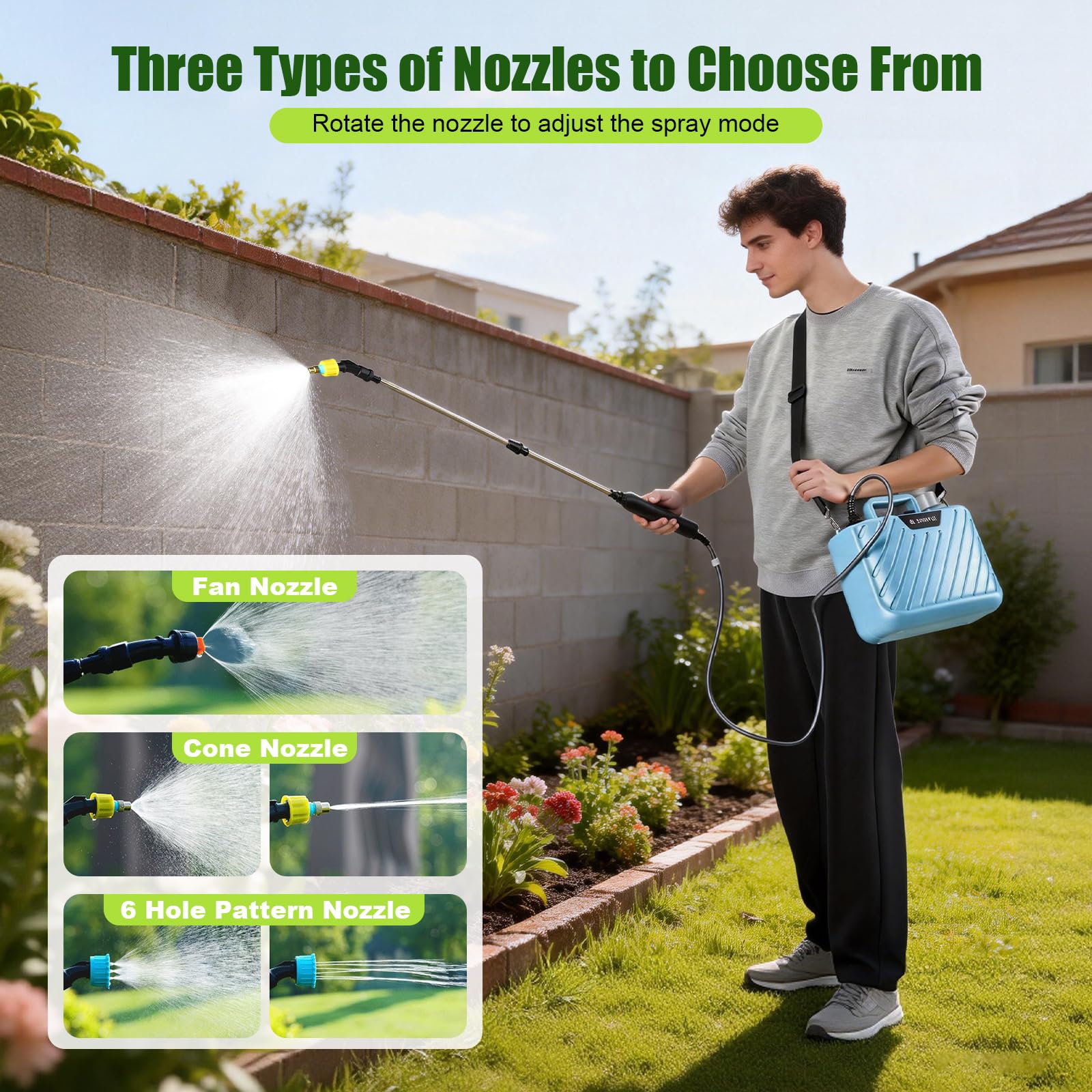 Spruzzatore a pressione da 8L, potente spruzzatore elettrico per piante da 7,4V con 3 ugelli e tracolla regolabile, impugnatura ricaricabile tramite USB e asta telescopica per diserbo e irrigazione