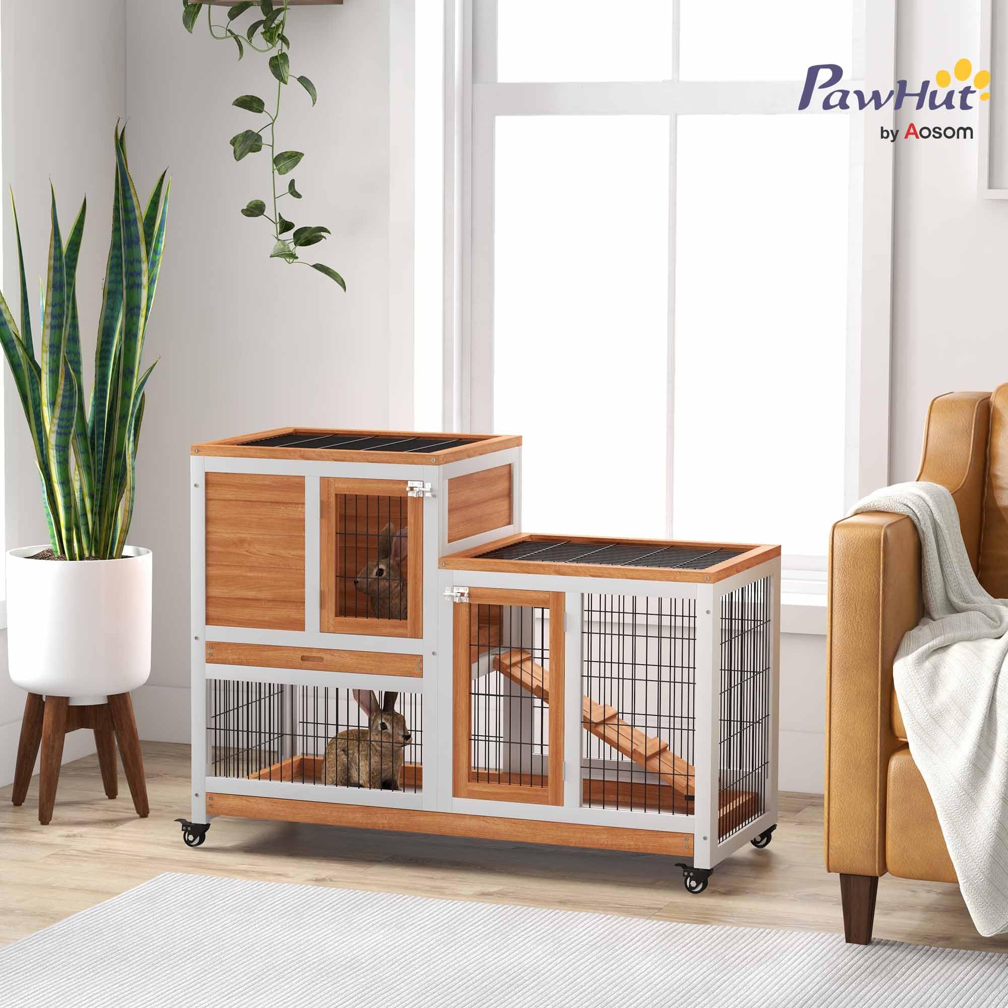 PawHut Conejera de Madera de 2 Niveles Jaula para Conejos con Ruedas Puertas Zona Abierta Rampa y 2 Bandejas Extraíbles Conejera para Interior 110x50x88 cm Natural y Blanco