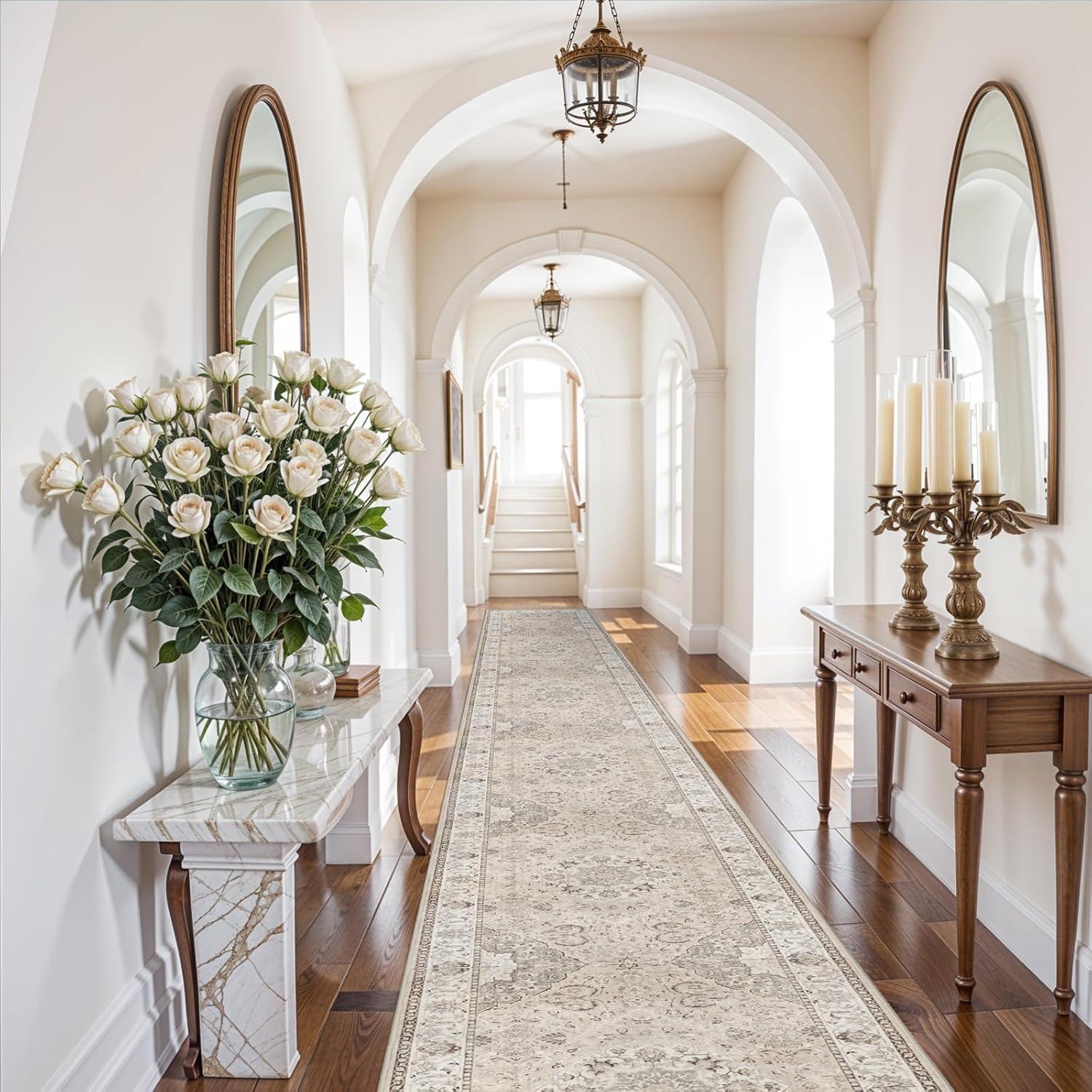 Hallway Washable Runner Rug - 3x20 Kitchen Rugs Entryway Rug Long Runner Vintage Soft Floor Mat Non Slip Indoor Farmhouse Carpet for Bathroom Living Room Bedroom (3 X 20, Beige) 3' x 20' (Rectangular) Beige