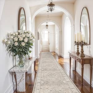 Hallway Washable Runner Rug - 3x20 Kitchen Entryway Floor Mat, Non-Slip, Vintage Soft Indoor Carpet, Beige