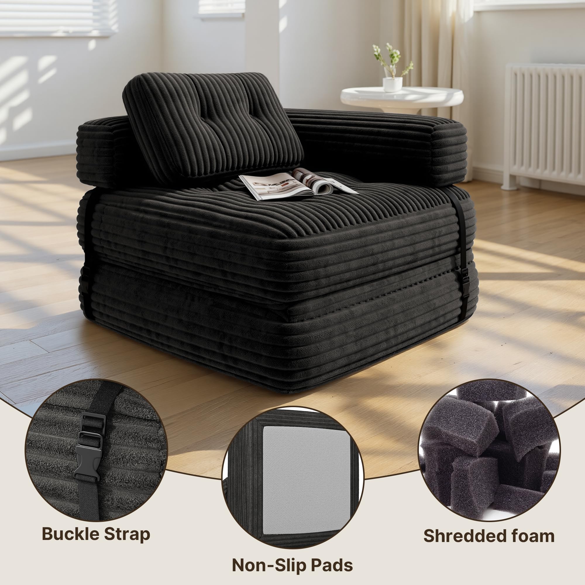 Xbro Canapé-lit Pliable avec Accoudoirs en L, Fauteuil Convertible en Lit 2 en 1 Portable pour Petits Espaces, Tissu Velours Côtelé avec Rembourrage en Mousse, 170 x 85 cm, Déplié,Noir