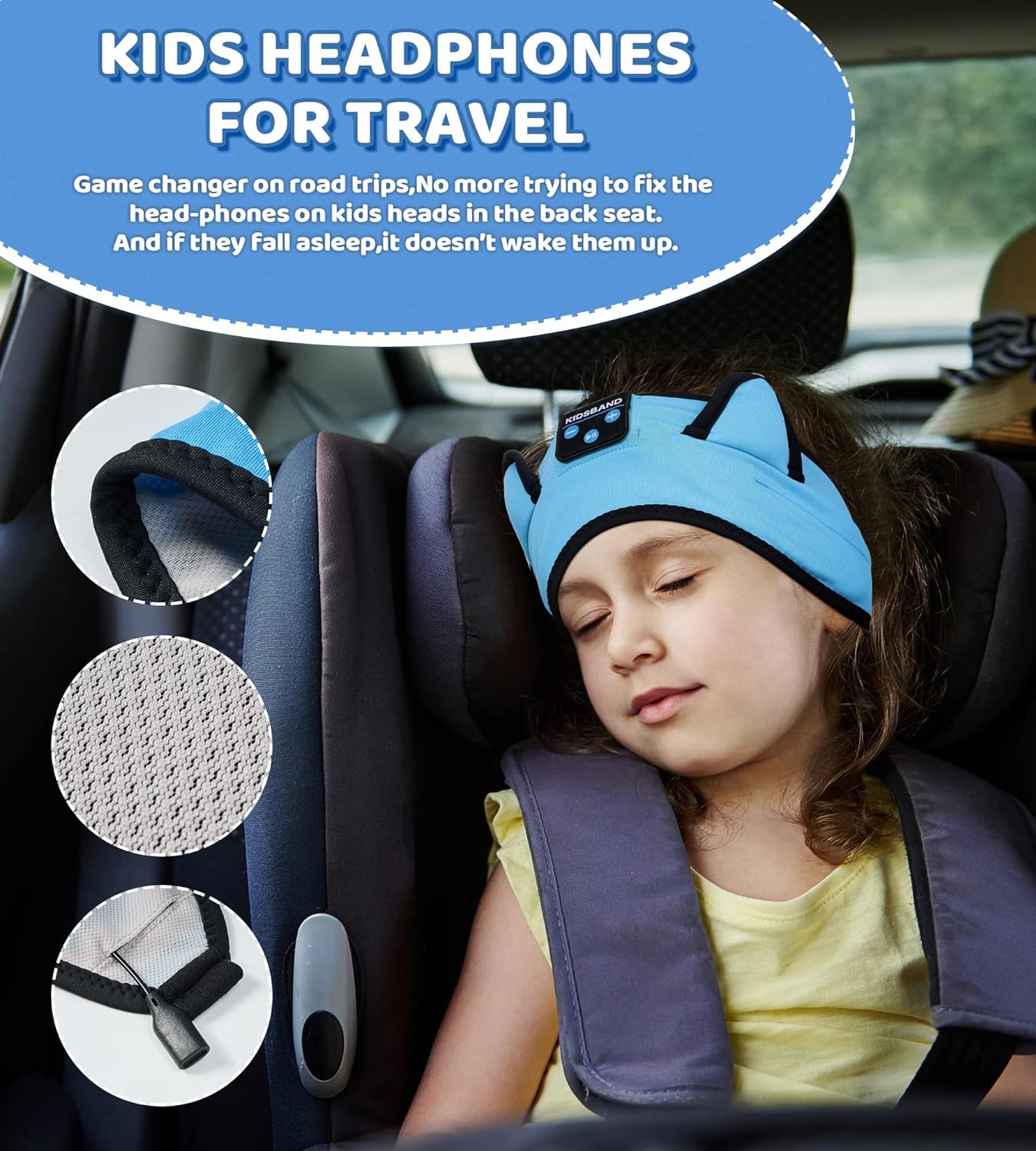 KIDSBAND Kids Headphones Bluetooth Headband Adjustable, Wireless Sleep Headphones for Kids with Wired Playback 3.5 MM Jack for Teens/Boys/Girls/Smartphones/School/Kindle/Airplane Travel/Plane/Tablet - Image 5