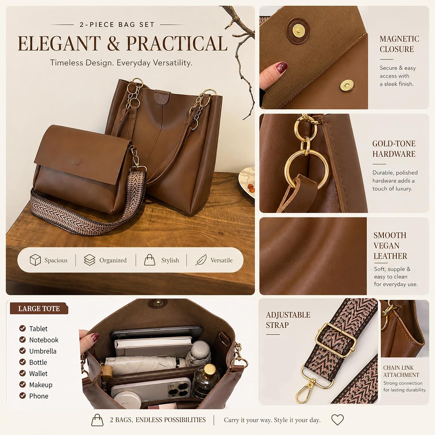 Tote Bag Two-Piece Set for Women, PU Leather Hobo Bag+Shoulder Bag with Embroidered Shoulder Strap, Crossbody Messenger Bag