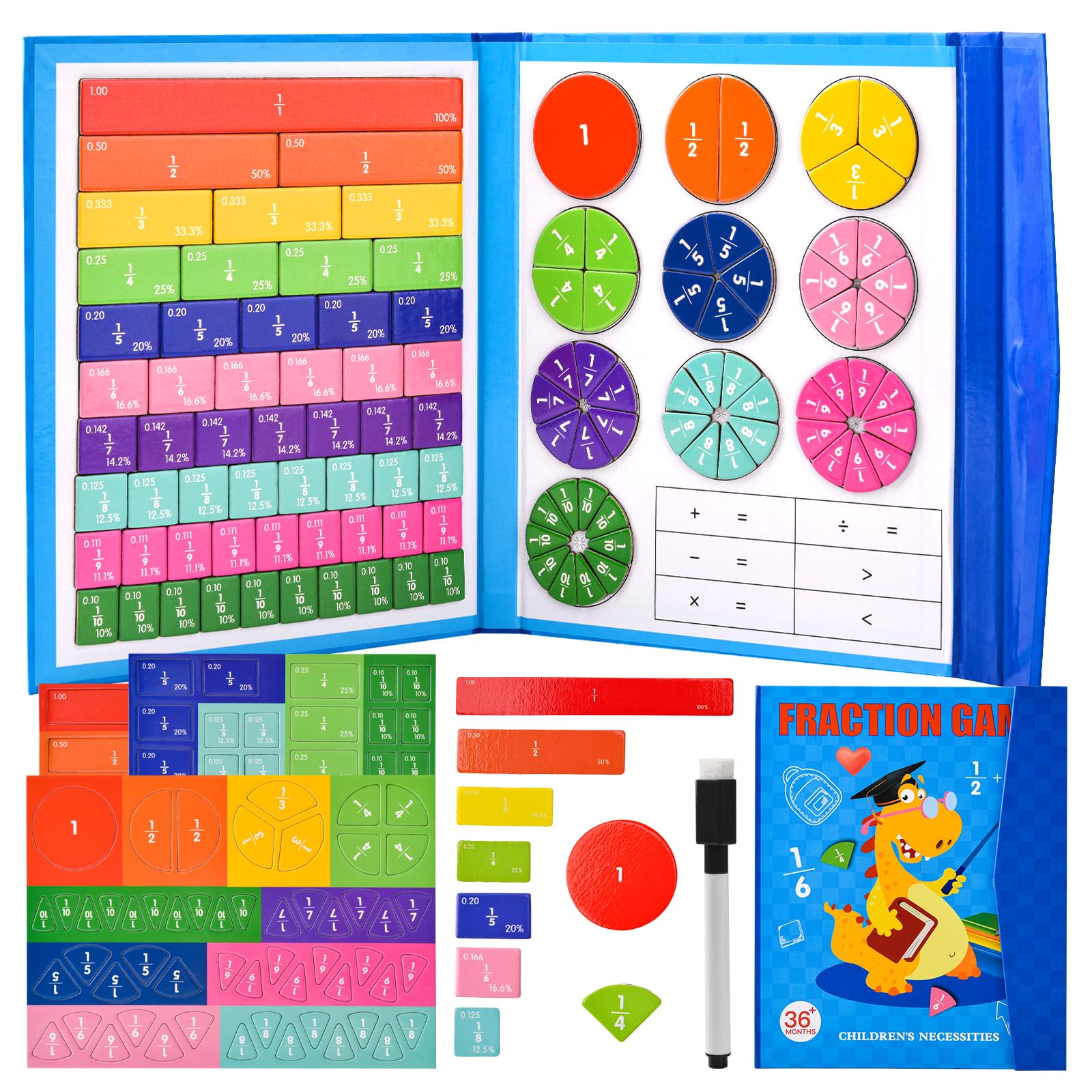 YAOZUP Fraction Game, rekenkundig educatief speelgoed, 10 kleurgecodeerde magnetische breukrekenspel, magnetische fractietegels en fractiecirkels voor het leren van breuken, Montessori