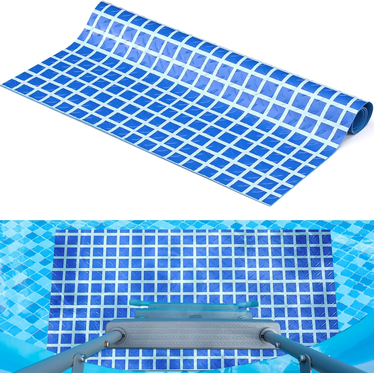Pool Step Mat Above Ground Ladder Mat, Swimming Protective Nonslip Step Pad with Texture, Pool Essentials Accessories for Floor Liners and Stairs, Blue Large Square Pattern (36 x 36 Inch)