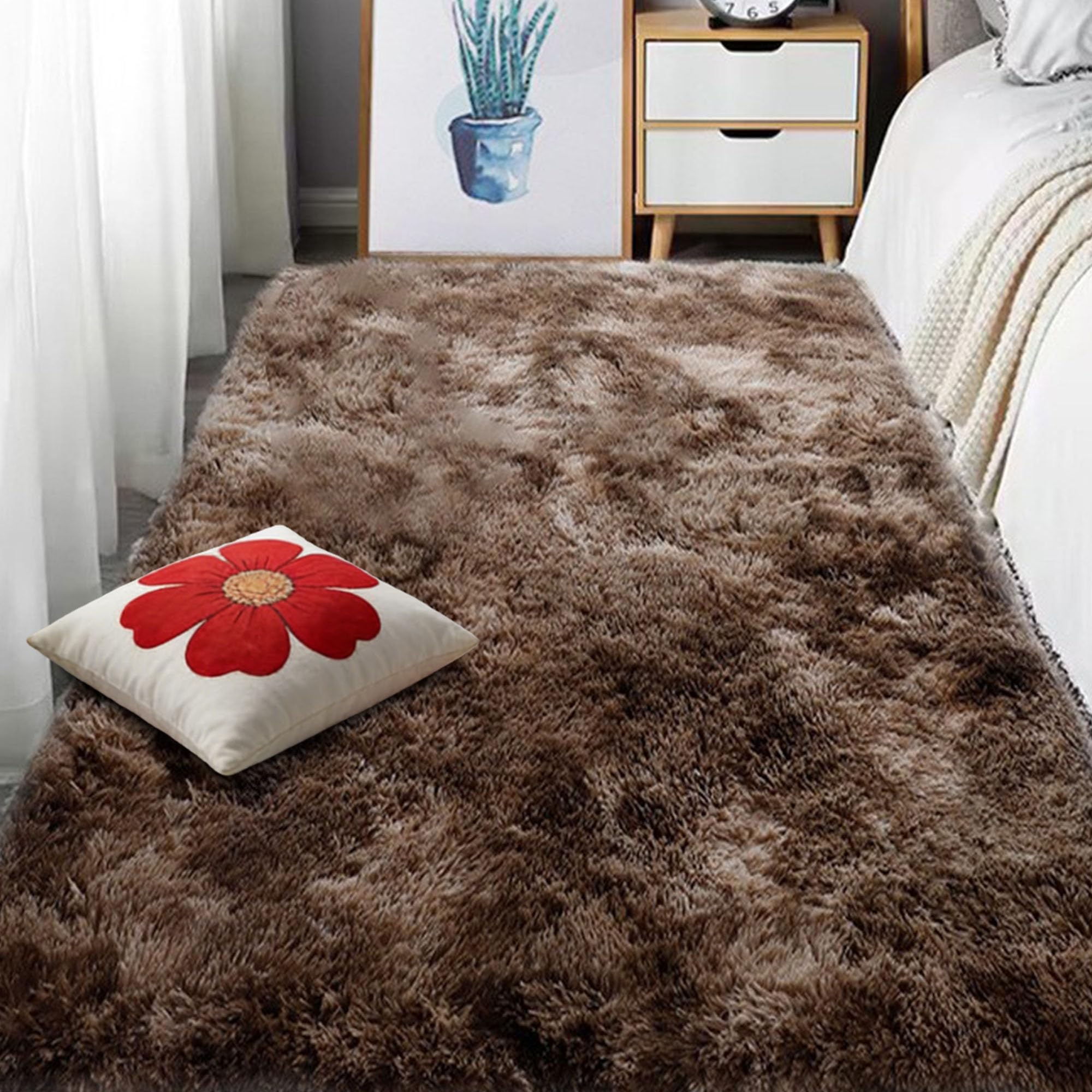 Tapis en peluche lavable pour salon et chambre moquette marron douce