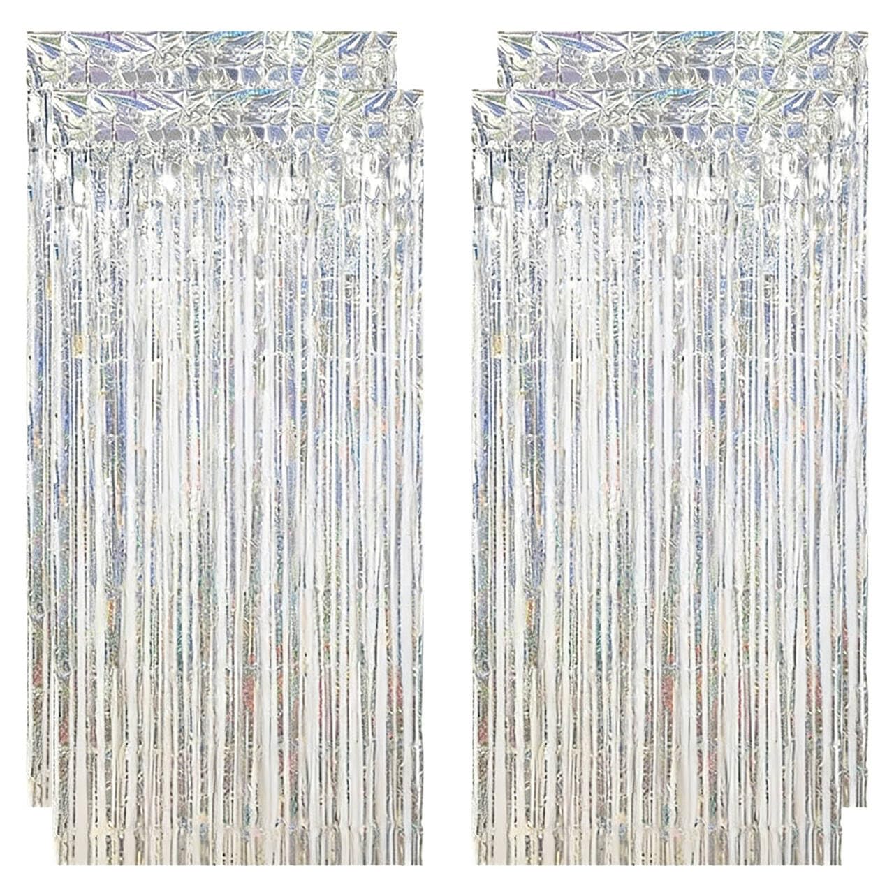Lirynox 4Pcs Silver Champagne Gold Glitter Foil Curtains, 4 Pcs 3.2Ft X 6.5Ft Metallic Tinsel Foil Fringe, Door Hanging Foil Flow Silk Streamers, Party Streamers Backdrop For Birthday Wedding Prom Decoration (Silver)