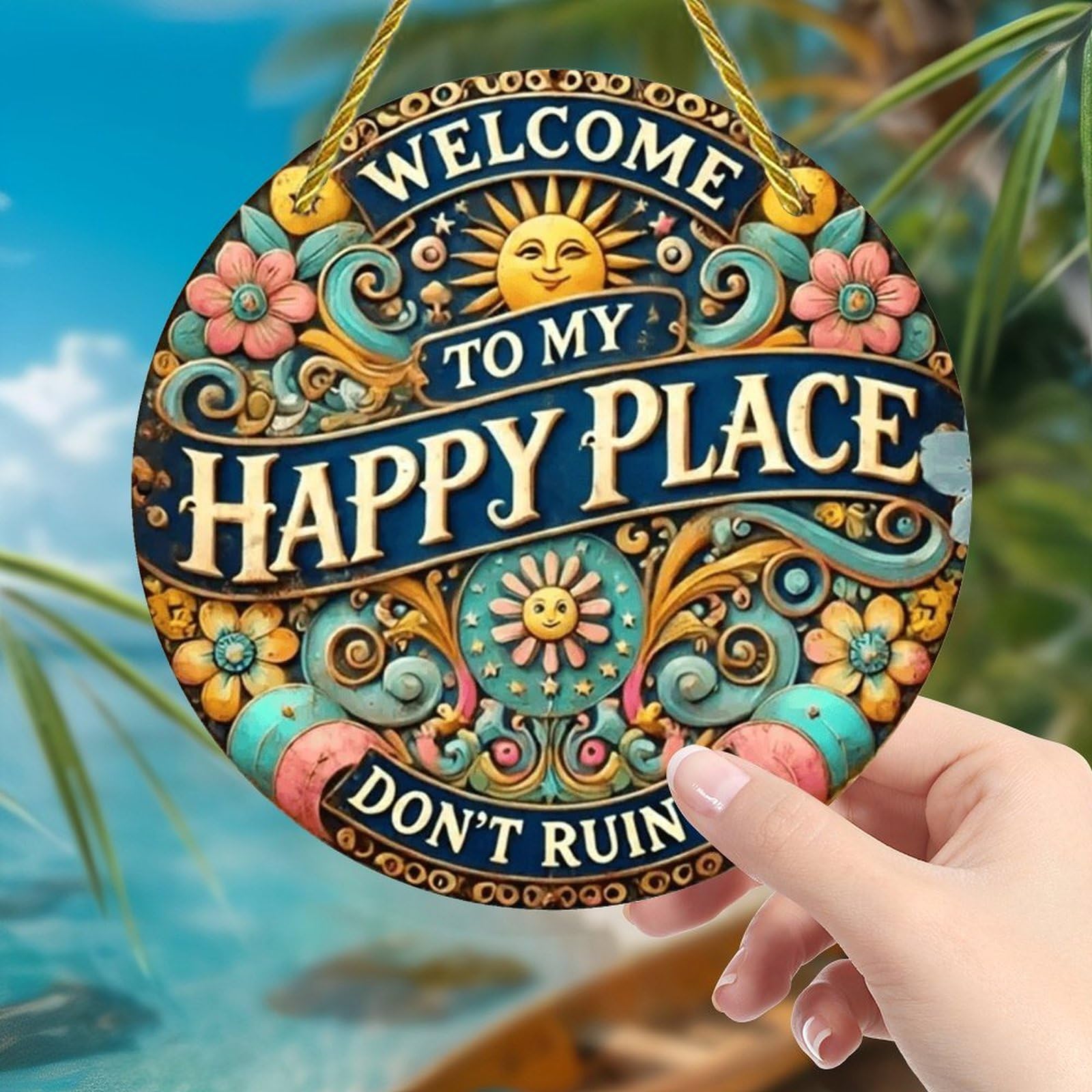 Colorful Acrylic Suncatcher, My Happy Place 7-inch Hanging Window Wall Art Decor with Printed Stained Glass Style Design, Gift Idea & Garden Ornament Indoor Outdoor Use — view 4