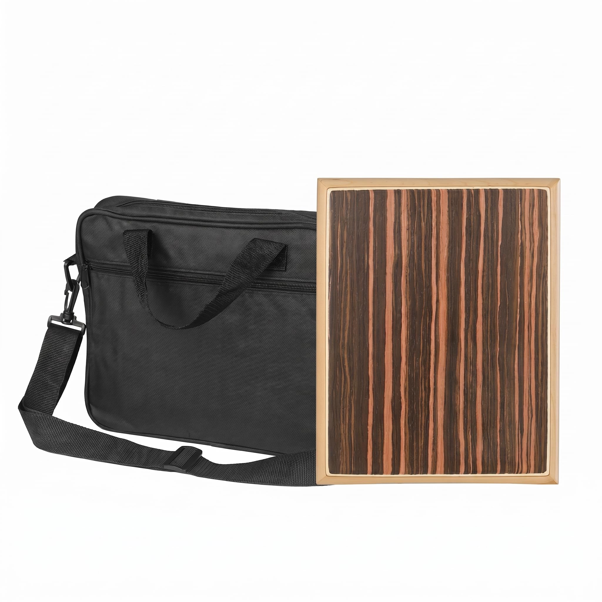 Cajon Box Instrumento de percusión de tambor, 23,5 x 30 x 4,5 cm, caja de percusión de madera de cebra, caja de ritmo con cajones, cuerdas internas ajustables, llave, bols