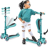 Vista 16 de Hurtle Patinete de 3 ruedas para niños, luces LED de ruedas, manubrio ajustable de inclinación para dirigir y asiento plegable, paseo sentado