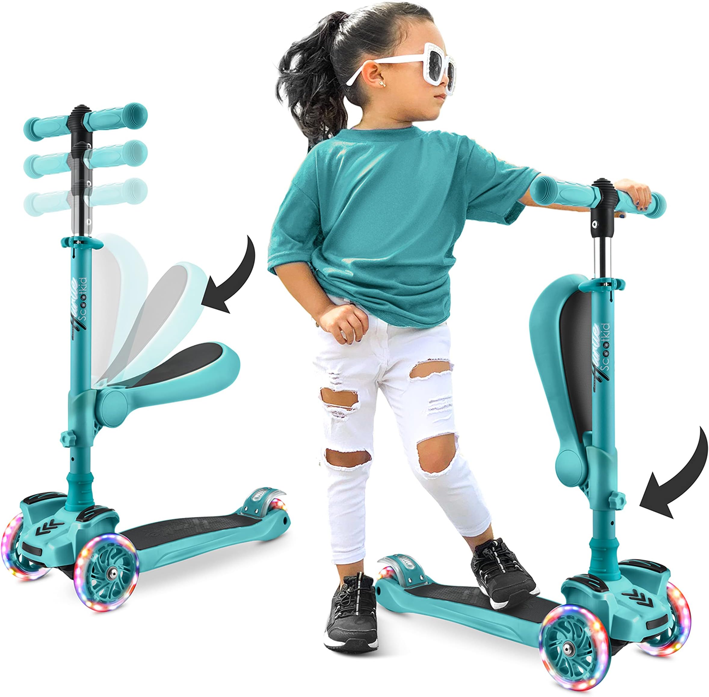 3-Wheeled Scooter for Kids - Wheel LED Lights, Adjustable Lean-to-Steer Handlebar, and Foldable Seat - Sit or Stand Ride with Brake for Boys and Girls Ages 1-14 Years Old