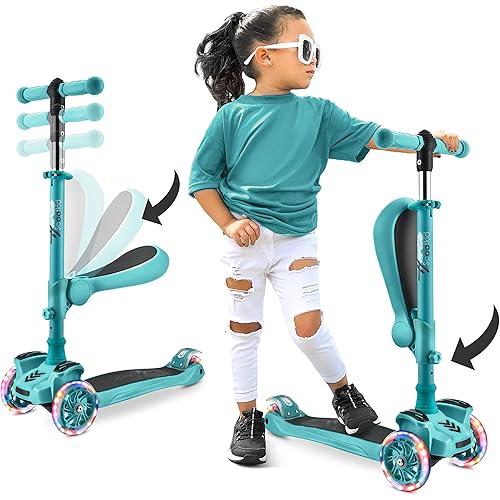 Hurtle 3-Wheeled Scooter for Kids - Wheel LED Lights, Adjustable Lean-to-Steer Handlebar, and Foldable Seat - Sit or Stand Ride with Brake for Boys and Girls Ages 1-14 Years Old