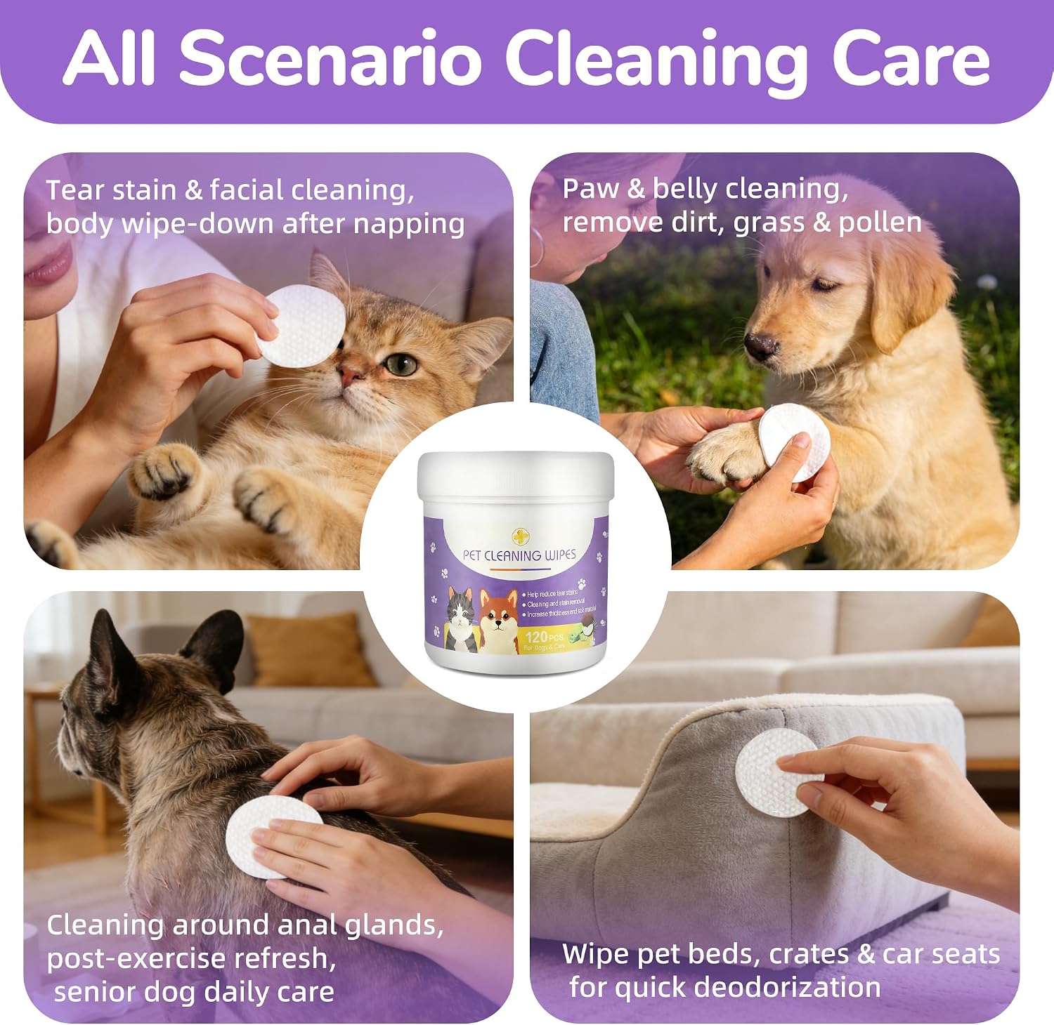 Dog Eye Wipes, 120 Count Cat Eyes Cleaning Wipes Gentle Pet Tear Stain Remover, Hypoallergenic Puppy Dogs Eye Wash Cleaner for Debris Discharge Mucus, Vet Recommended Aloe Chamomile Pets Wipe Pads