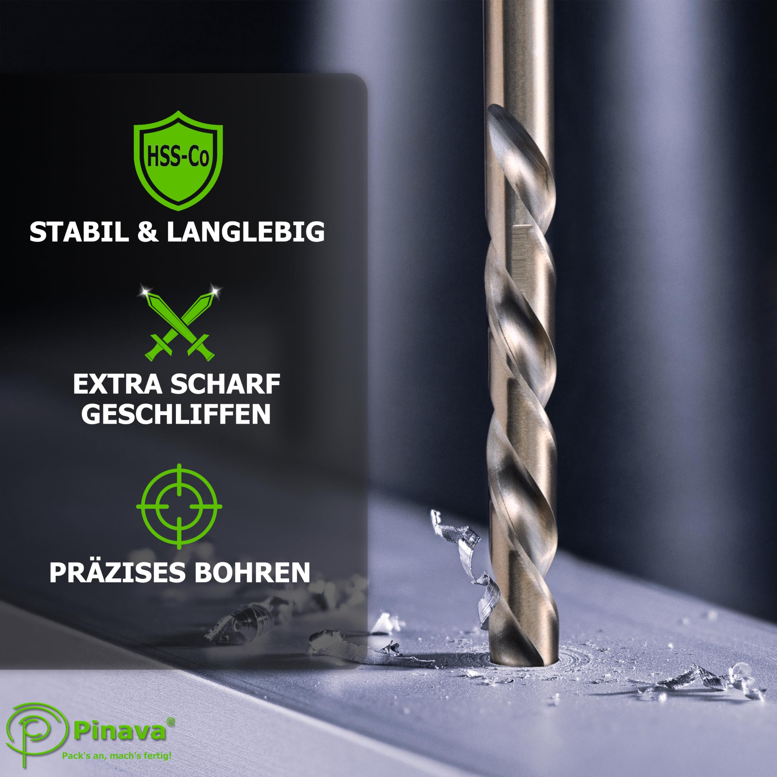 Pinava® Metallbohrer Set HSS Cobalt Pro [Extra Scharf & Robust] 19tlg. Profi Bohrer für Edelstahl, Stahl, Eisen etc. - Präzise Edelstahlbohrer selbstzentrierend, 1-10mm, 0.5mm Schritte