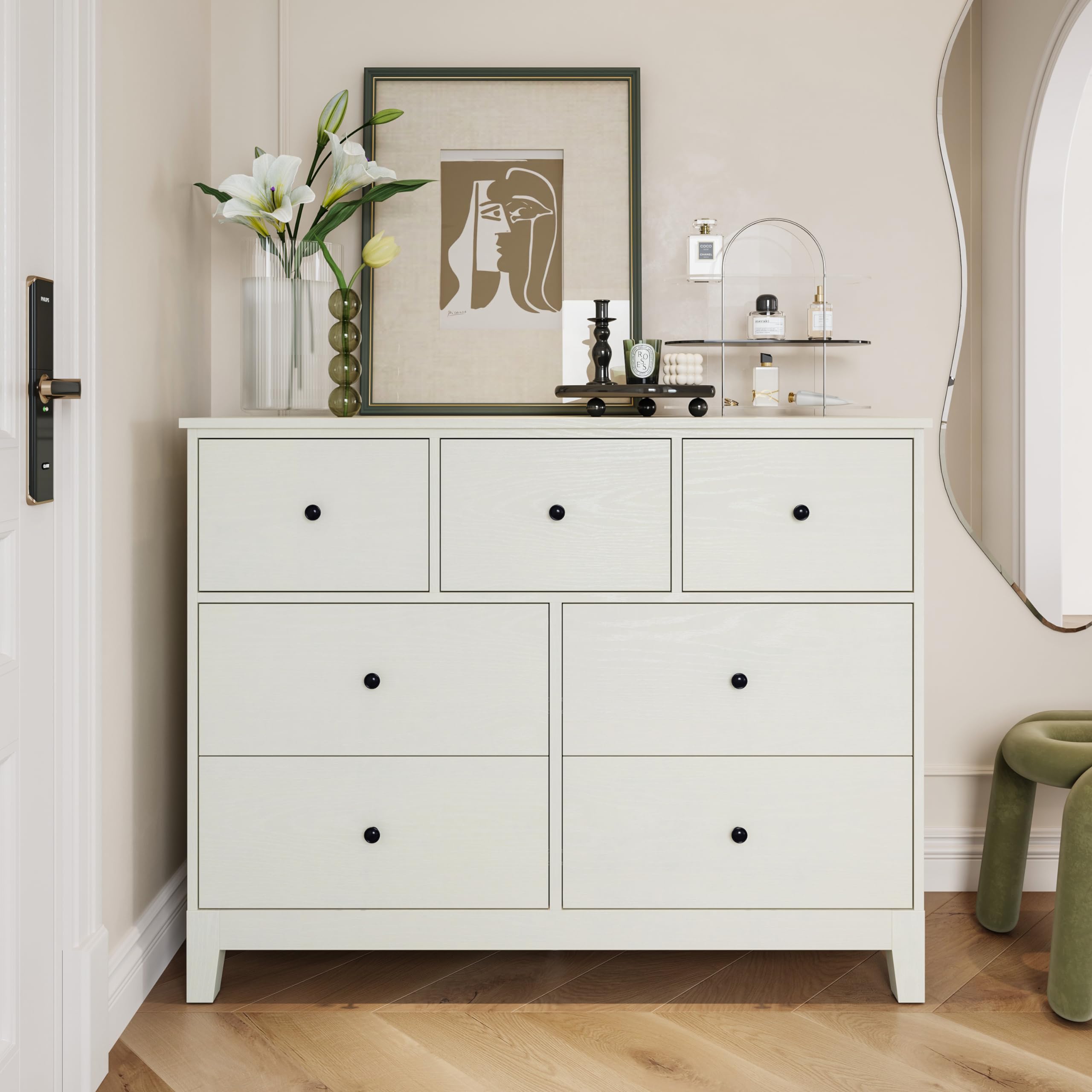 LINSY Wood Dresser closet With 7 Drawers, Dressers Organizer for Bed Room Living Room, Kids Room, Nursery, Hallway, White Color, size 114.2L*41.1W*89.5H cm