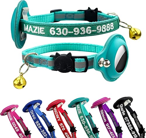 Collar para gatos Airtag, collar de identificación de gato personalizado de nailon bordado con nombre de mascota y número de teléfono con funda